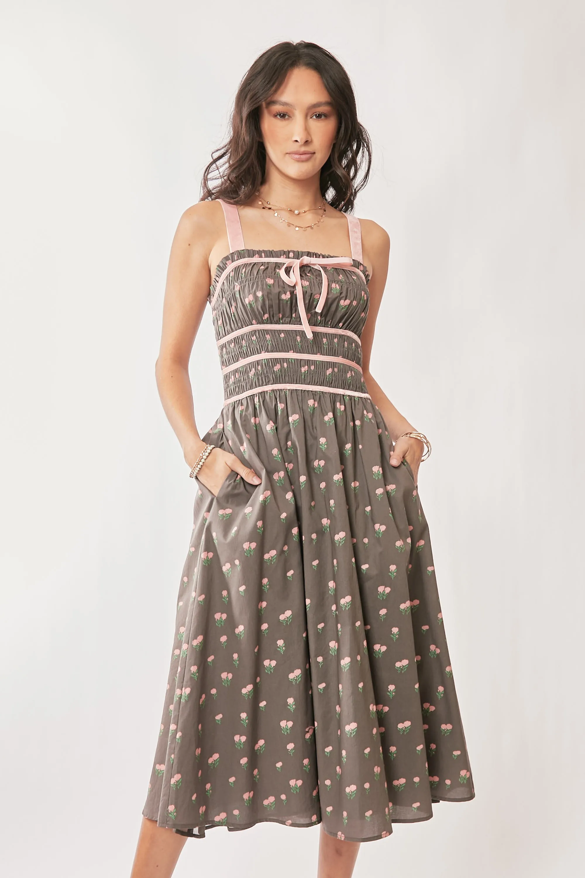 Davi & Dani Contrast Velvet Tape Smocking Bodice Midi Dress - Image 5
