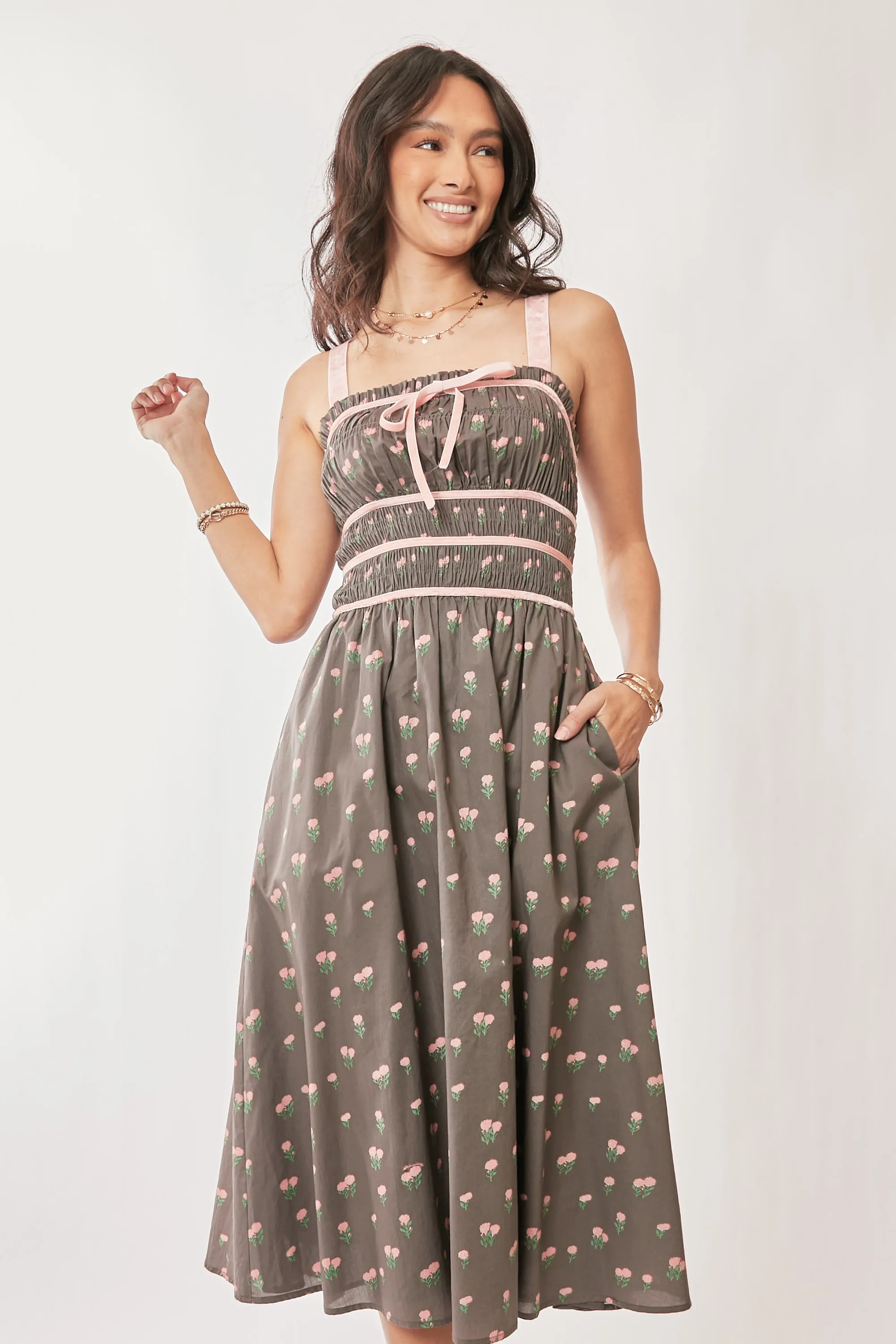 Davi & Dani Contrast Velvet Tape Smocking Bodice Midi Dress - Image 6