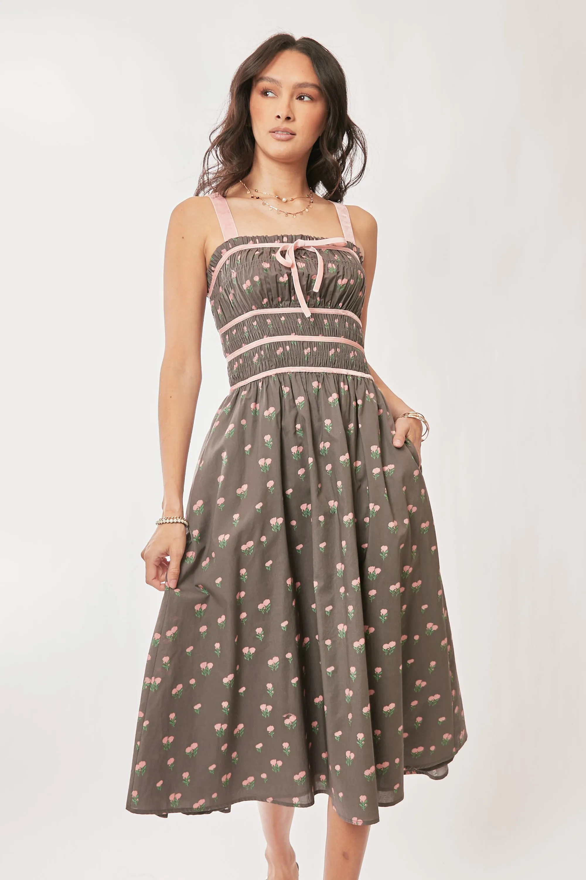 Davi & Dani Contrast Velvet Tape Smocking Bodice Midi Dress - Image 7
