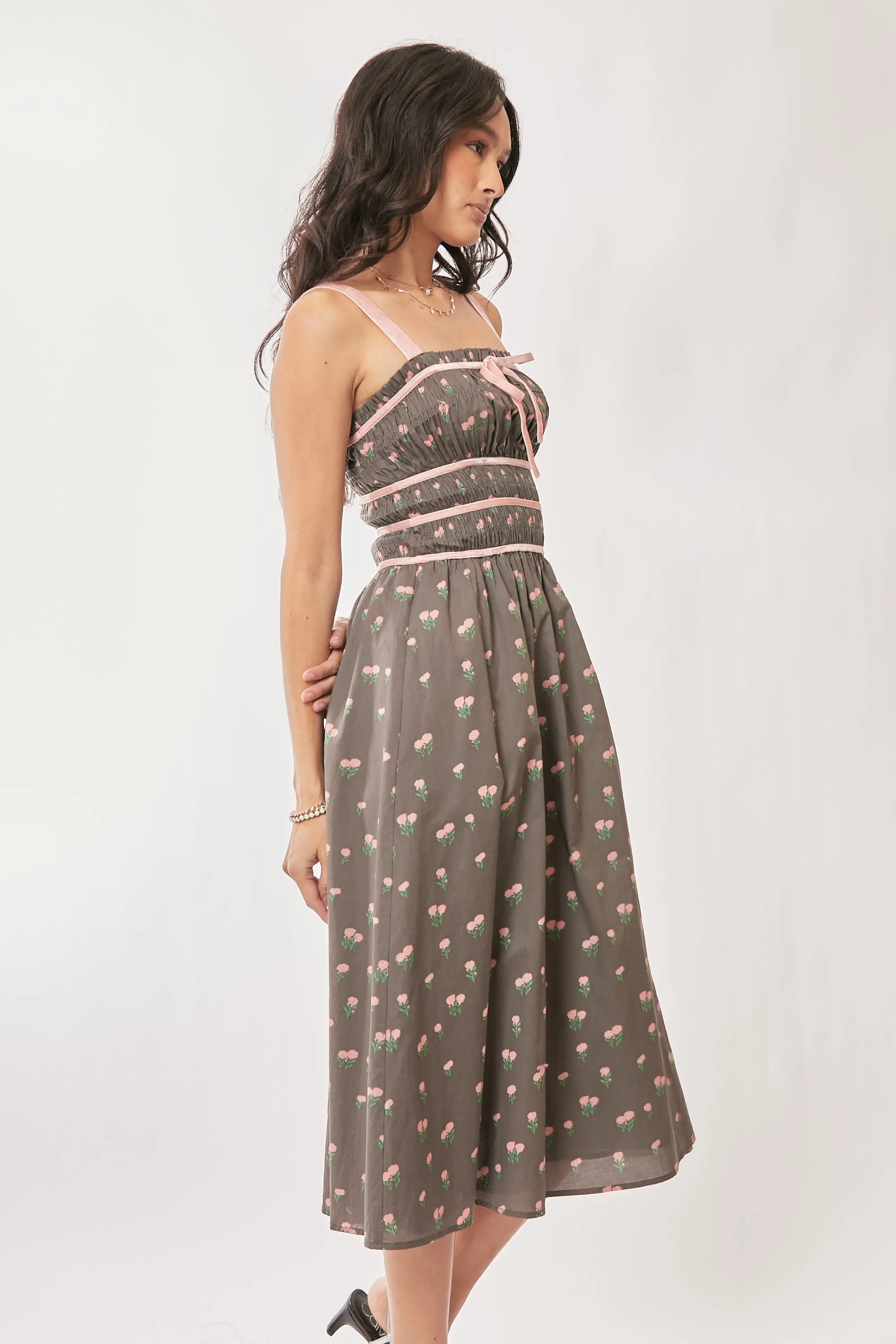 Davi & Dani Contrast Velvet Tape Smocking Bodice Midi Dress - Image 8