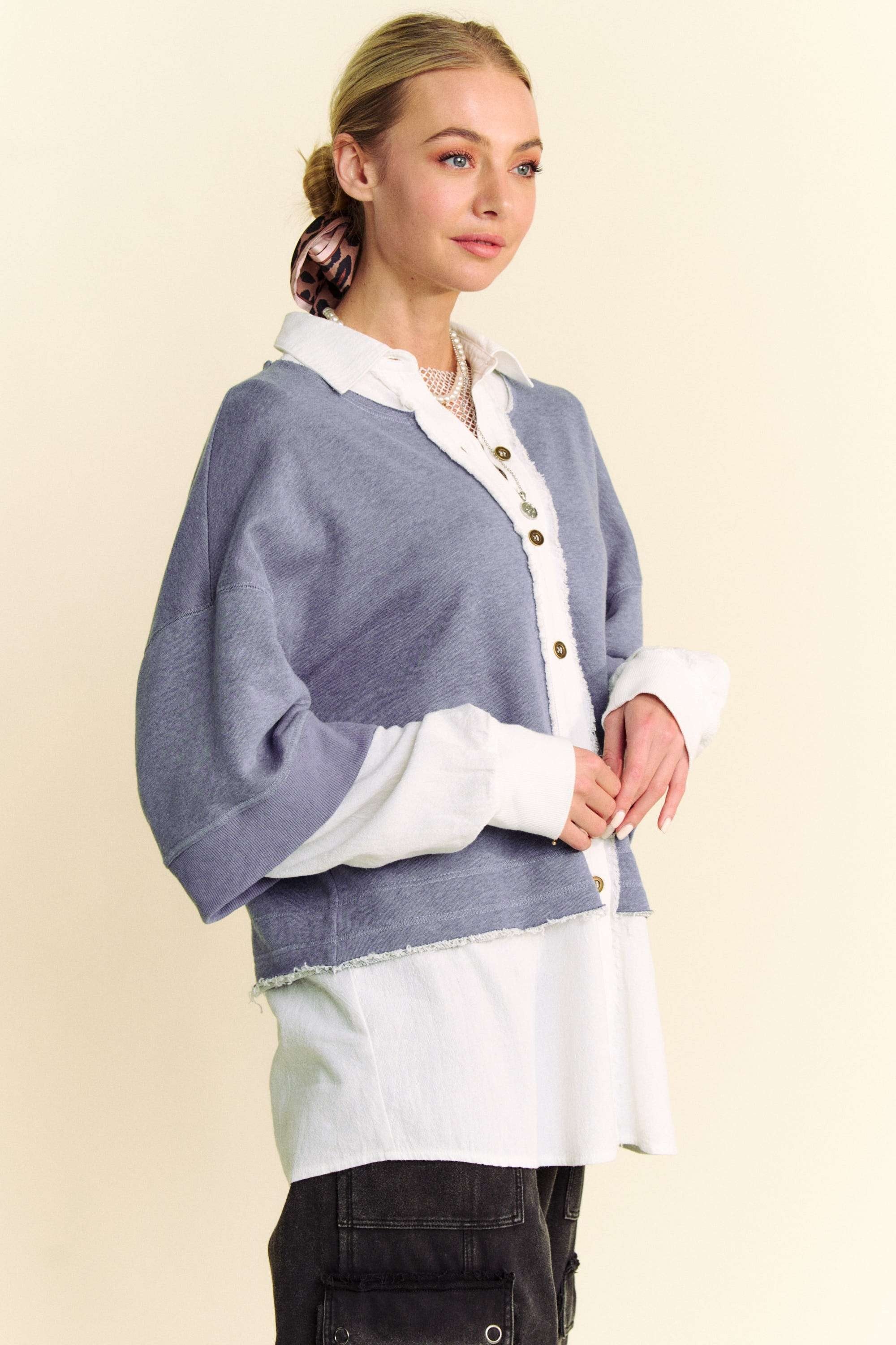 Davi & Dani Faux Layered French Terry Contrast Top - Image 4