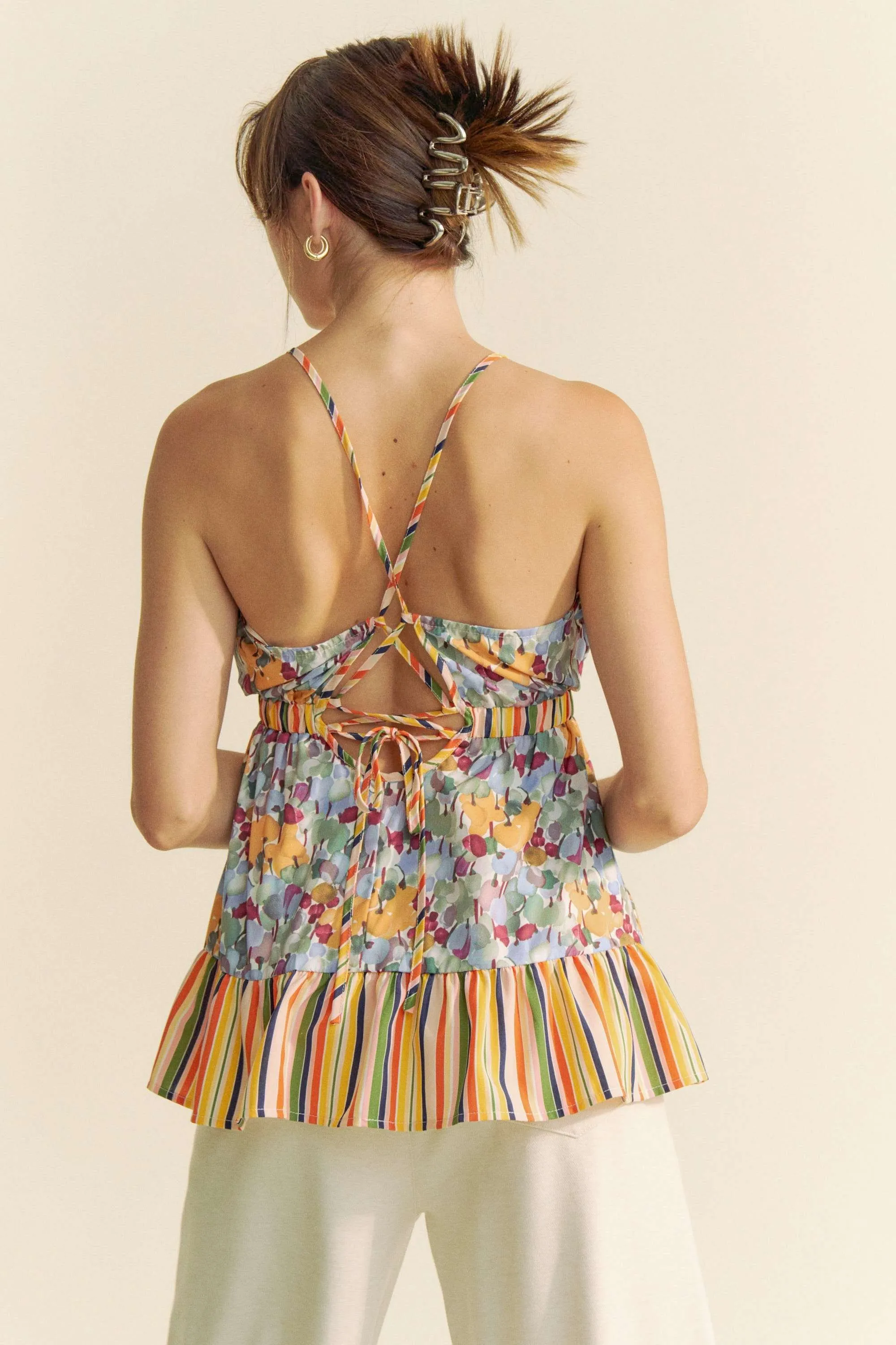 Davi & Dani Floral Smocked Sleeveless Ruffle Back Tie Top - Image 2