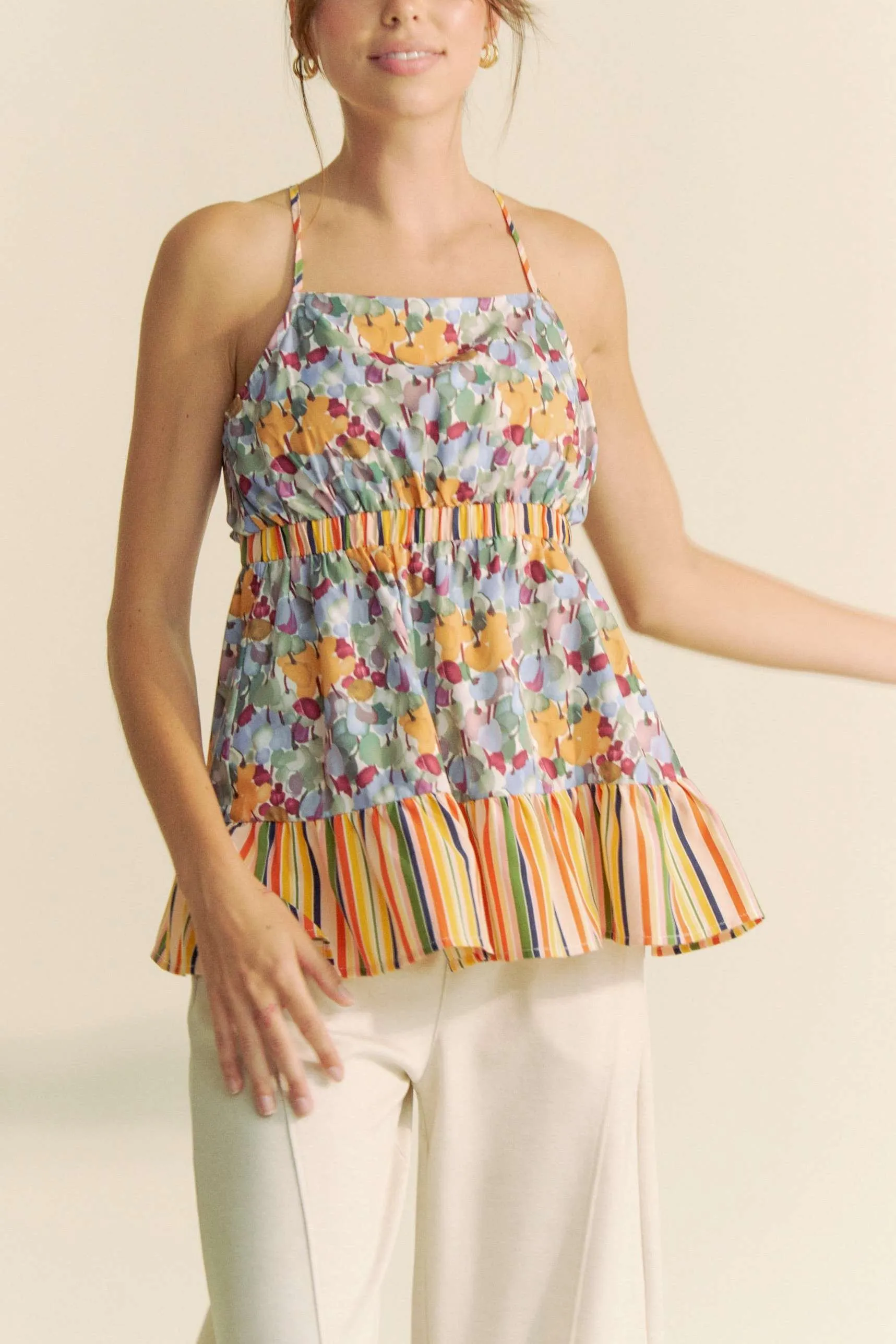 Davi & Dani Floral Smocked Sleeveless Ruffle Back Tie Top - Image 3
