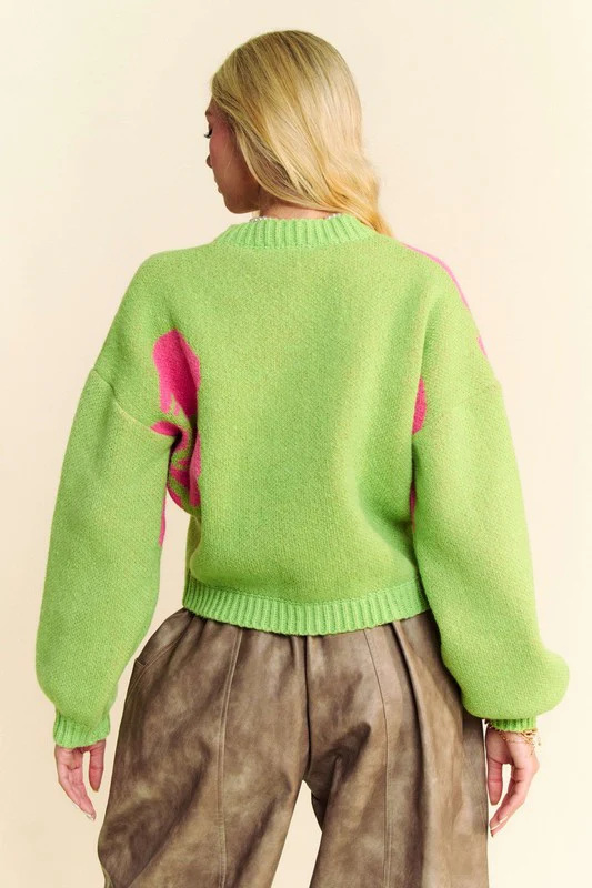 Davi & Dani Flower Contrast Round Neck Long Sleeve Cardigan - Image 2