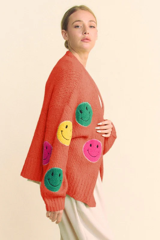 Davi & Dani Fuzzy Smile Open Front Long Sleeve Cardigan - Image 3