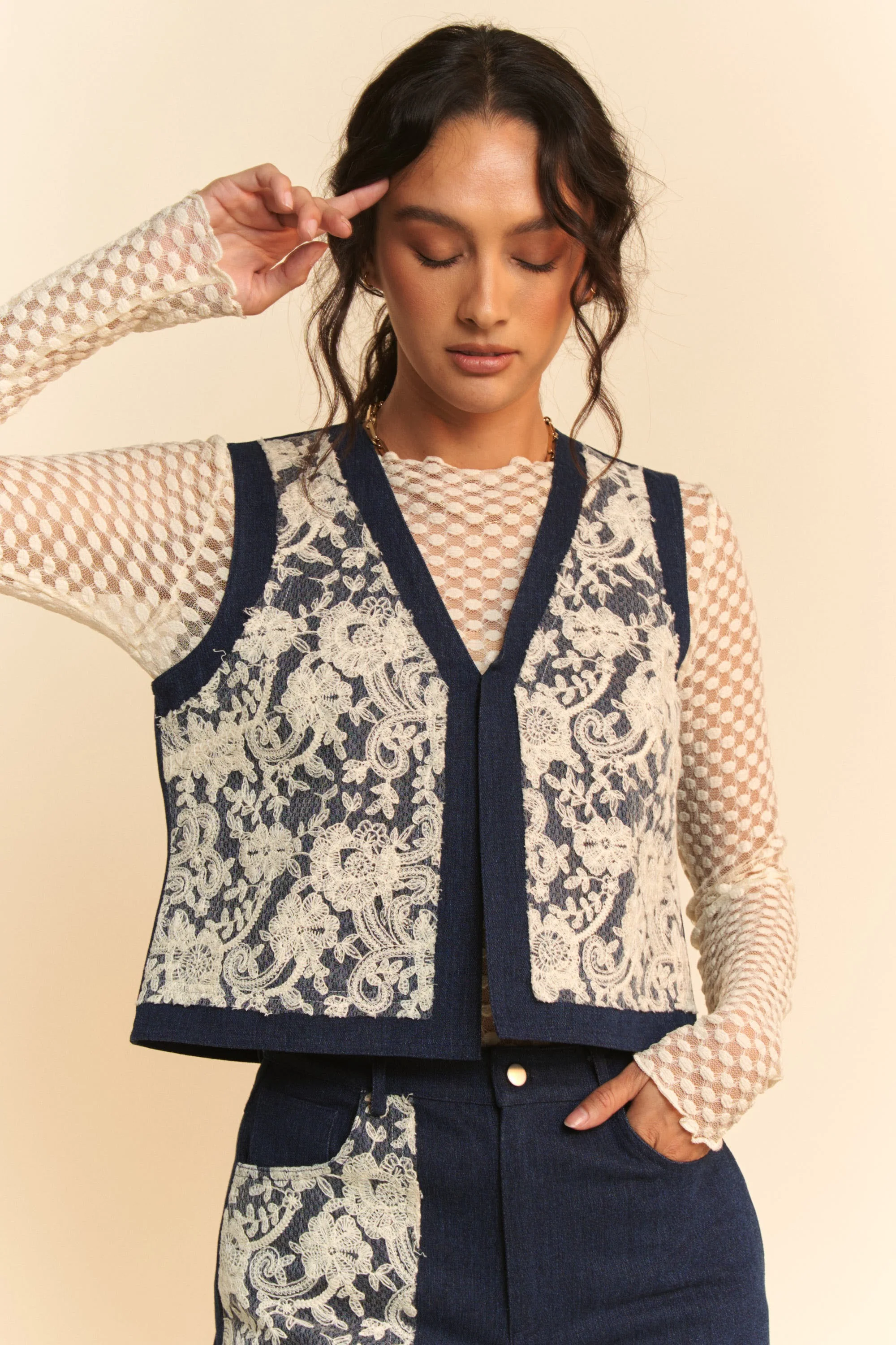 Davi & Dani Lace Patch Open Front Denim Vest - Image 3