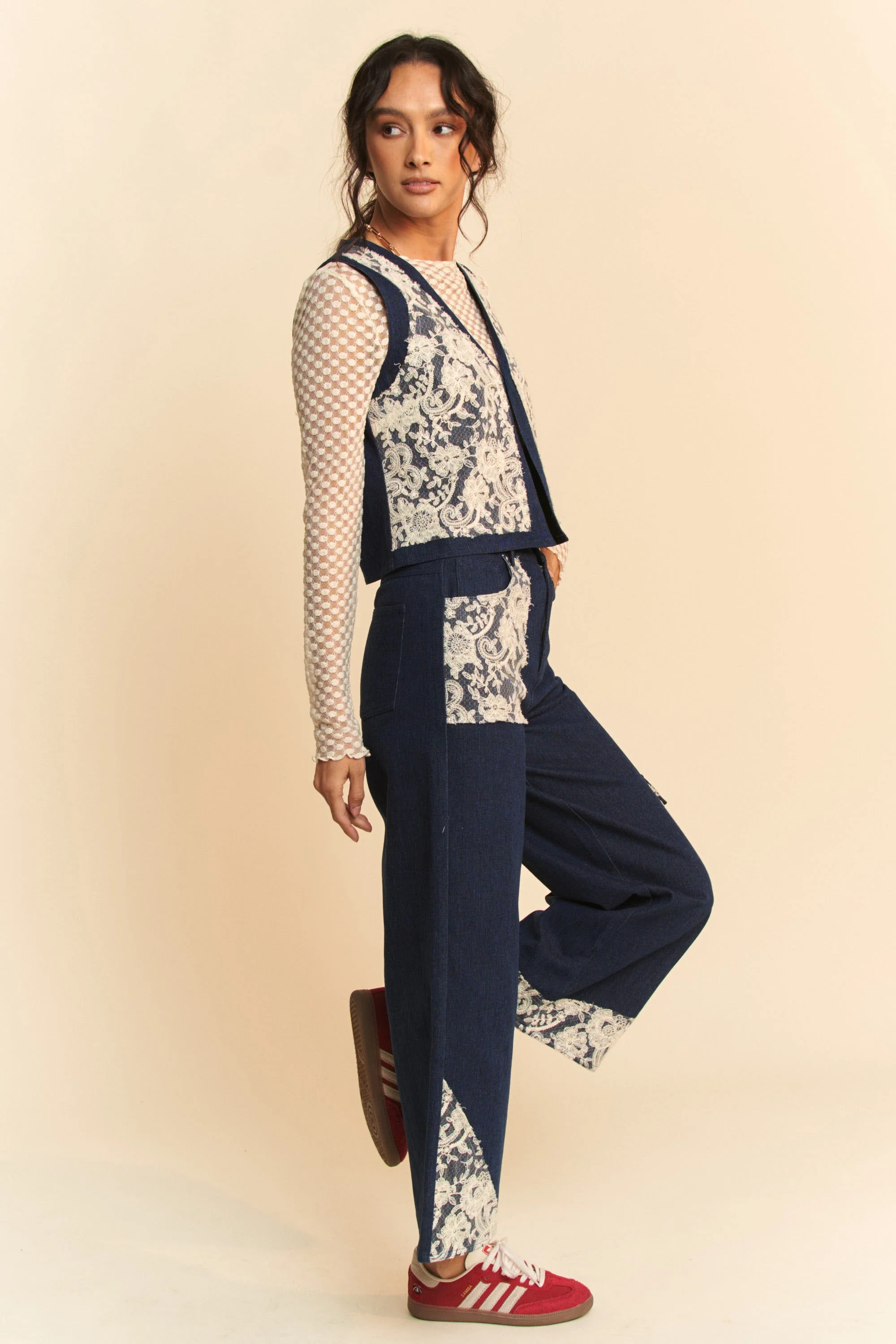 Davi & Dani Lace Patch Open Front Denim Vest - Image 9