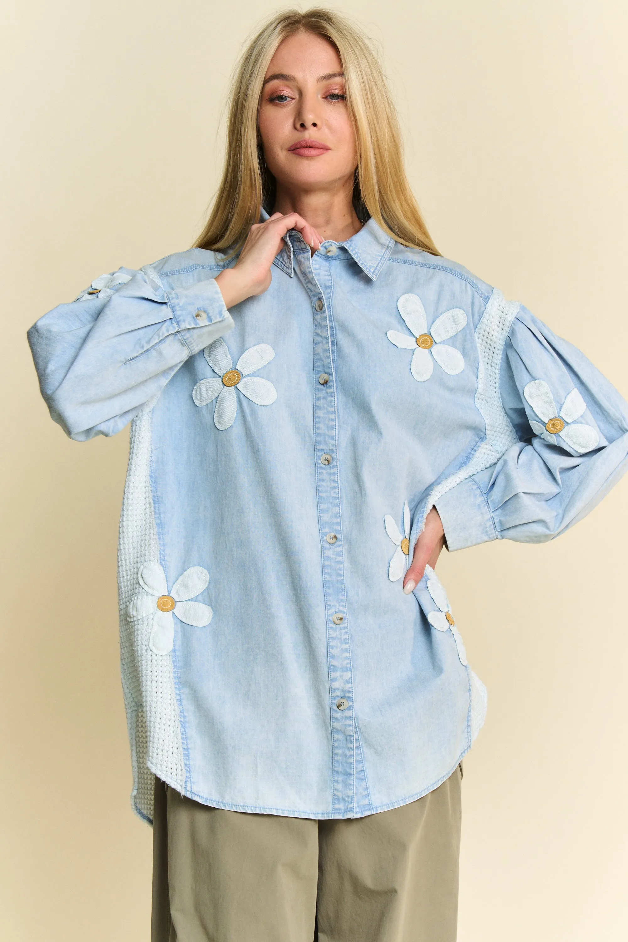 Davi & Dani Lightweight Washed Daisy Patch Waffle Knit Shirt - Image 3