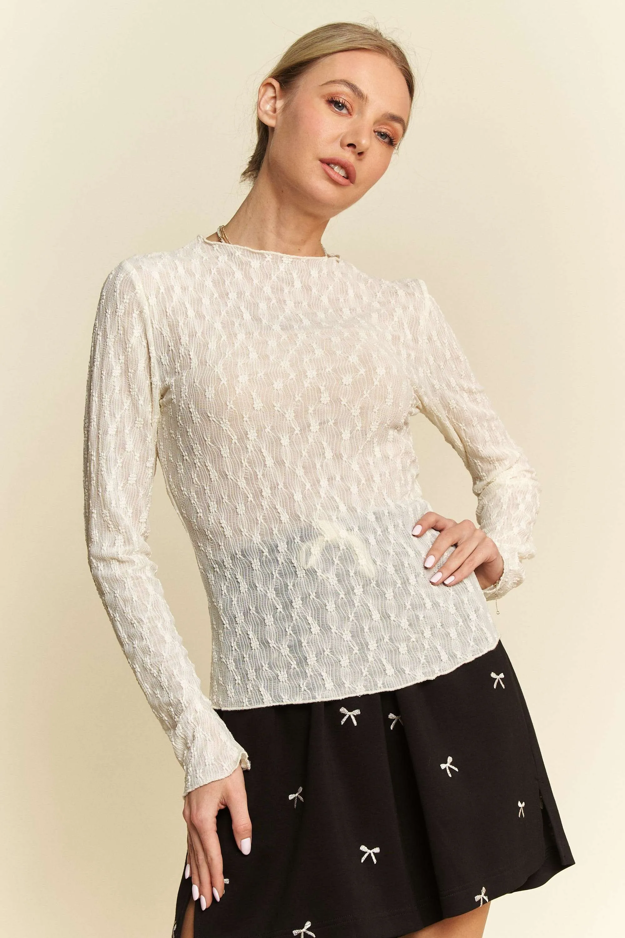Davi & Dani Long Sleeve Sheer Small Embroidered Bows Lace Top - Image 2