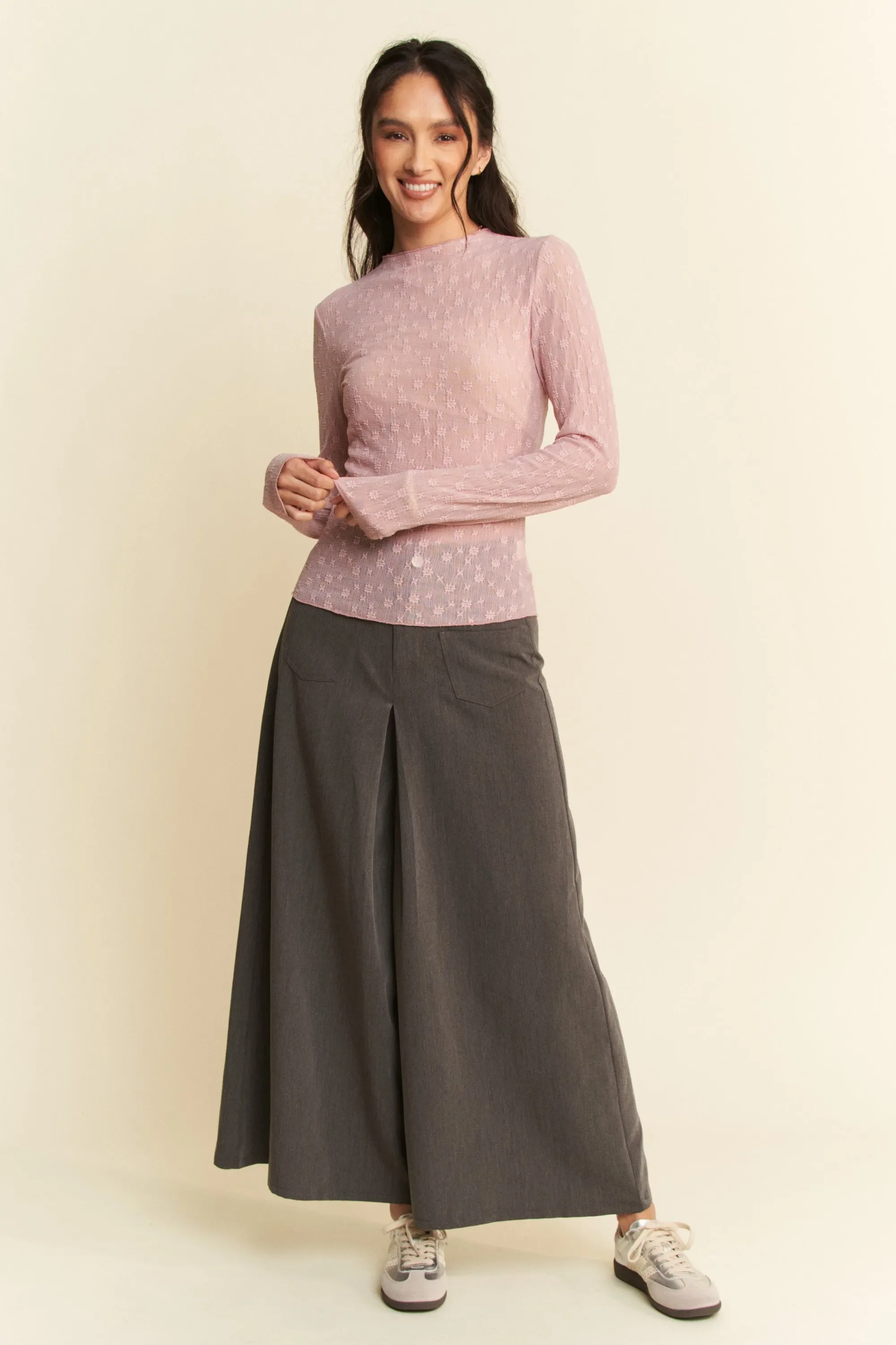 Davi & Dani Long Sleeve Sheer Small Embroidered Bows Lace Top - Image 4