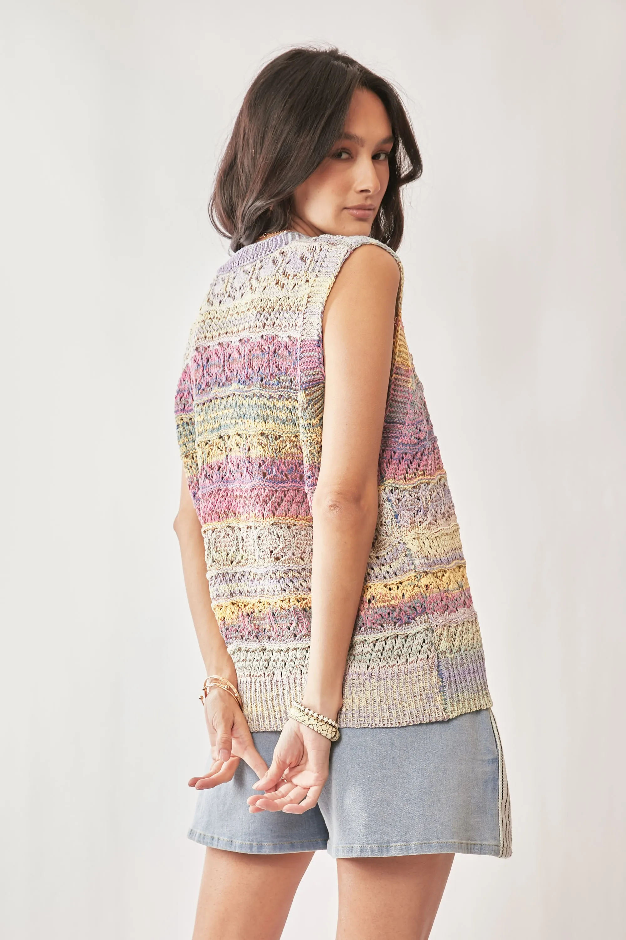 Davi & Dani Multi Color Crochet Sleeveless Knit Vest Top - Image 10