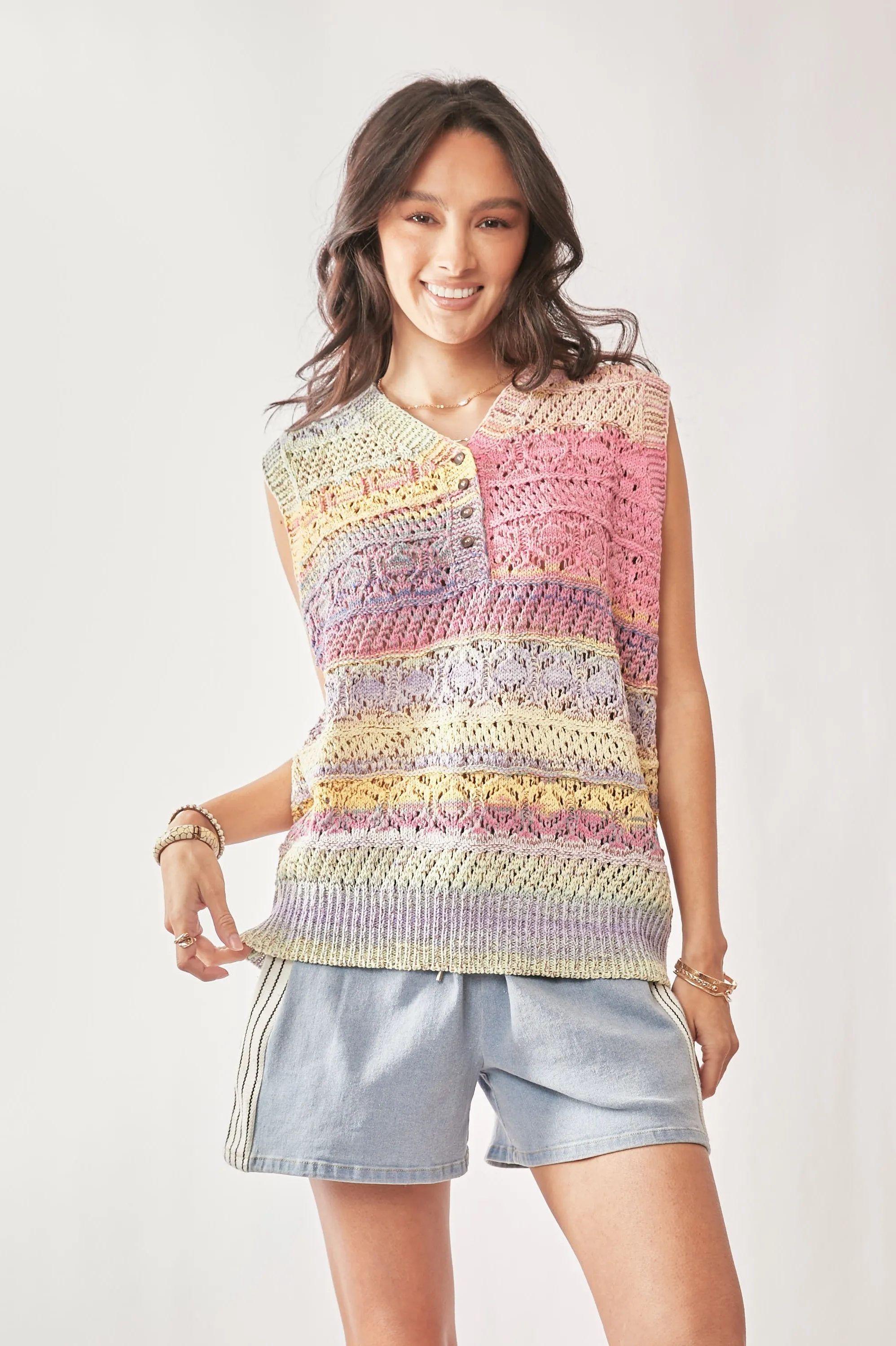 Davi & Dani Multi Color Crochet Sleeveless Knit Vest Top - Image 2