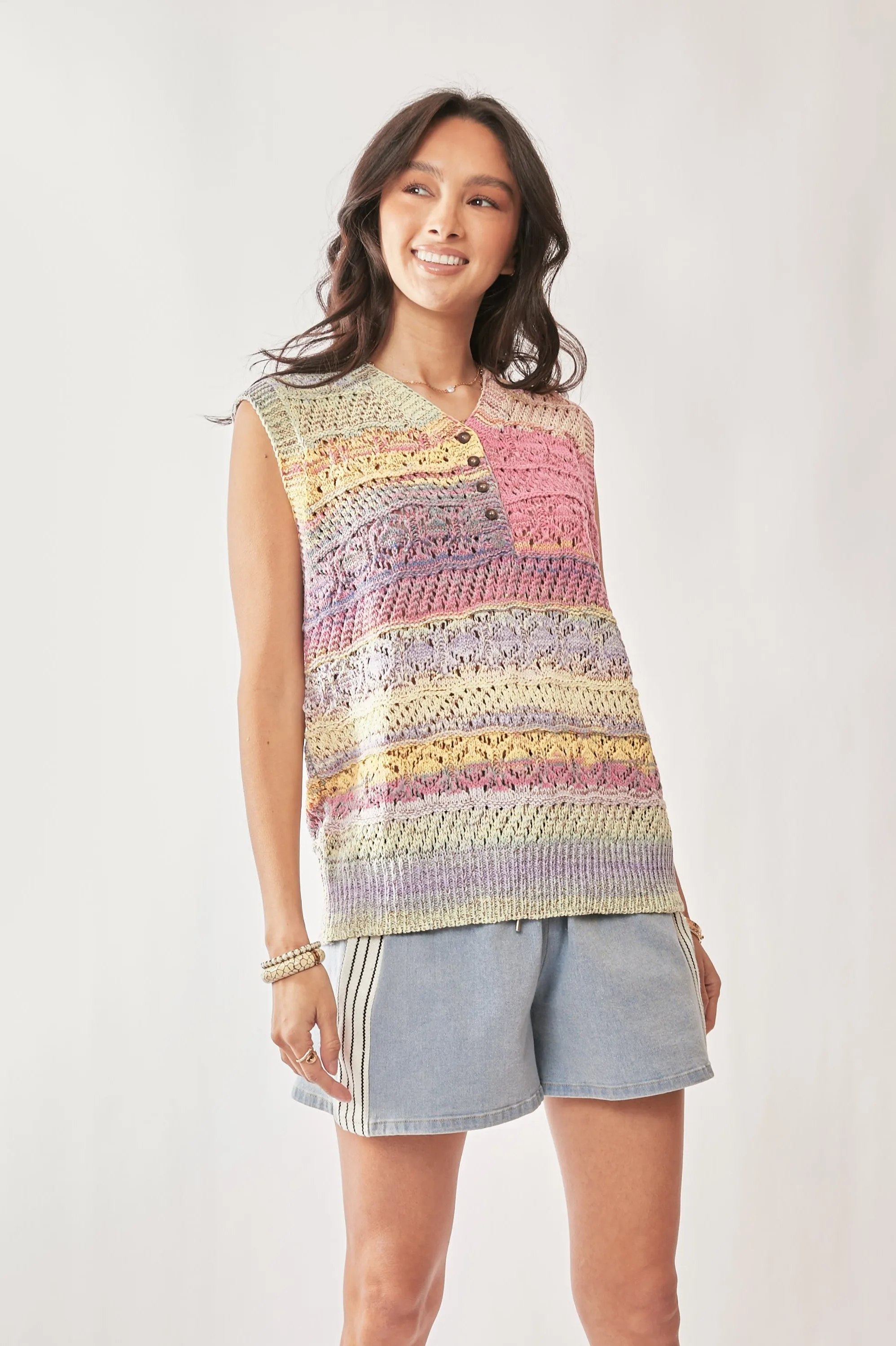 Davi & Dani Multi Color Crochet Sleeveless Knit Vest Top - Image 3