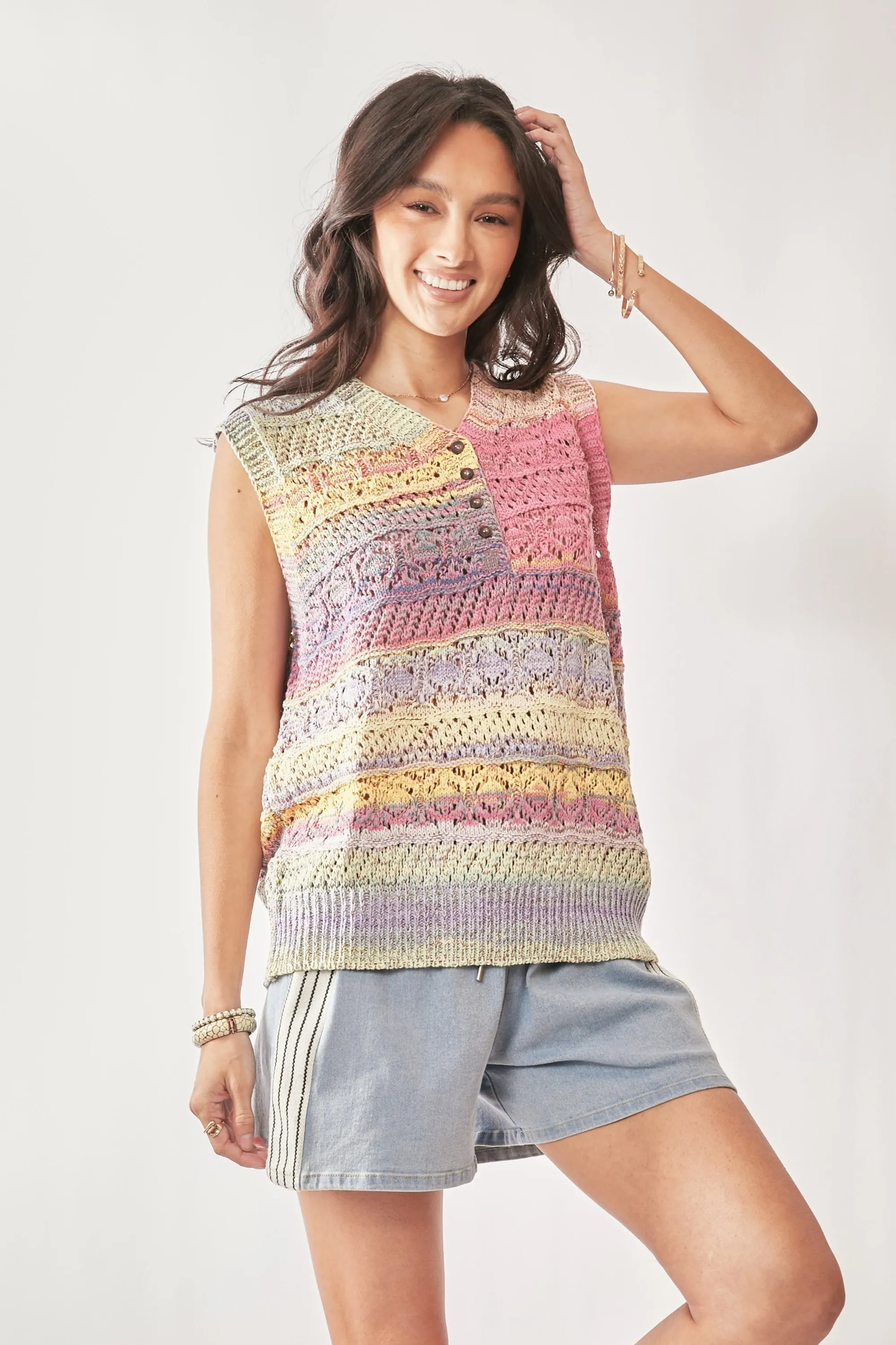 Davi & Dani Multi Color Crochet Sleeveless Knit Vest Top - Image 4