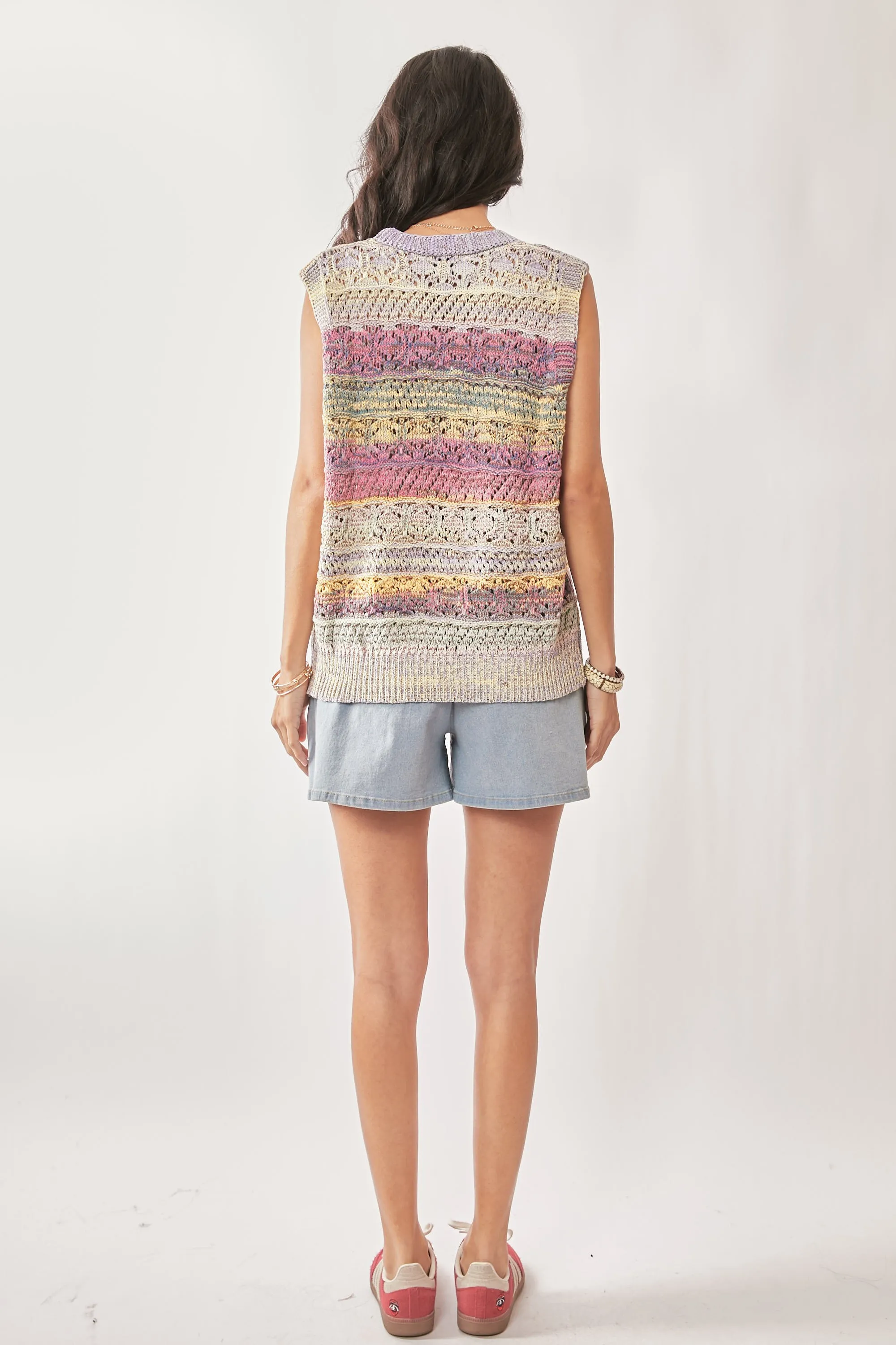 Davi & Dani Multi Color Crochet Sleeveless Knit Vest Top - Image 7