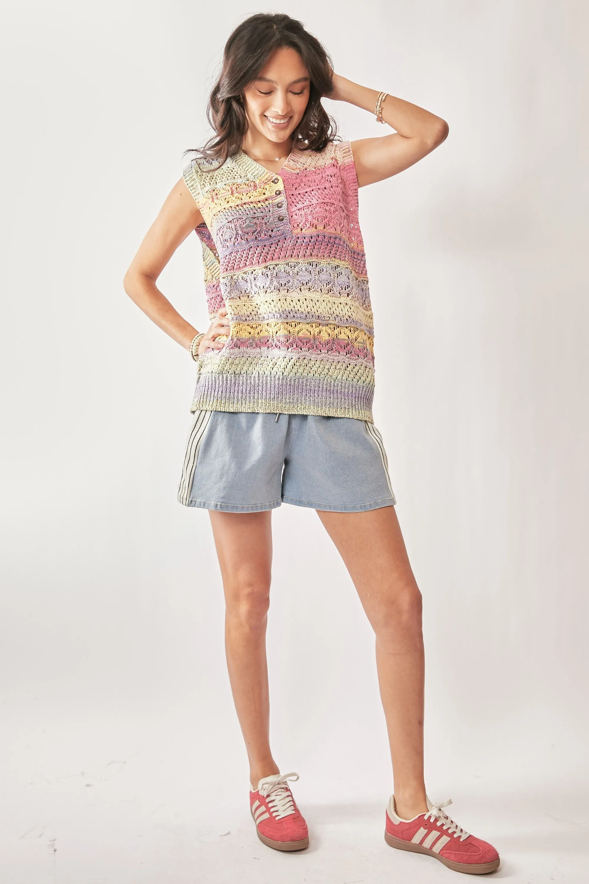 Davi & Dani Multi Color Crochet Sleeveless Knit Vest Top - Image 8