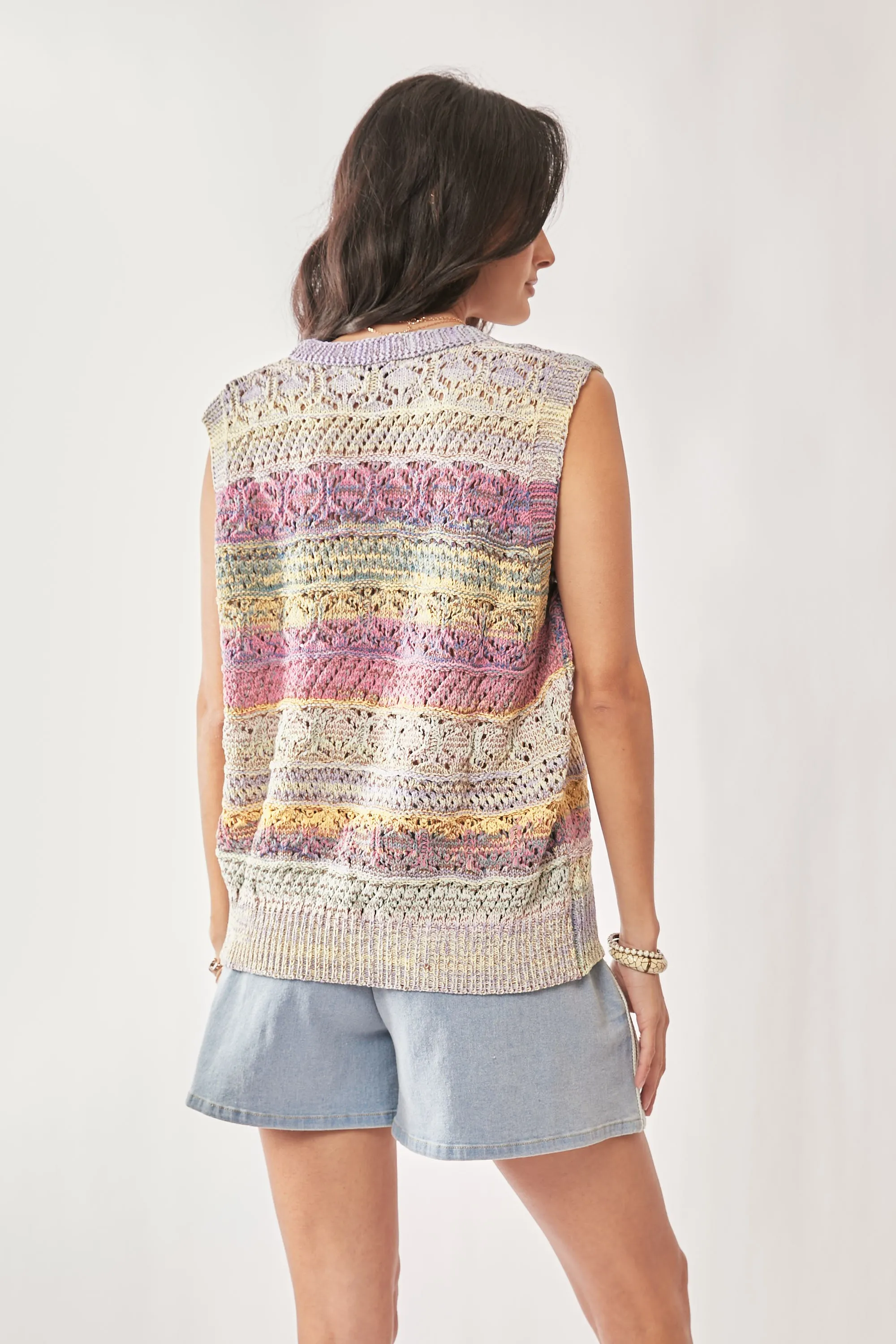 Davi & Dani Multi Color Crochet Sleeveless Knit Vest Top - Image 9