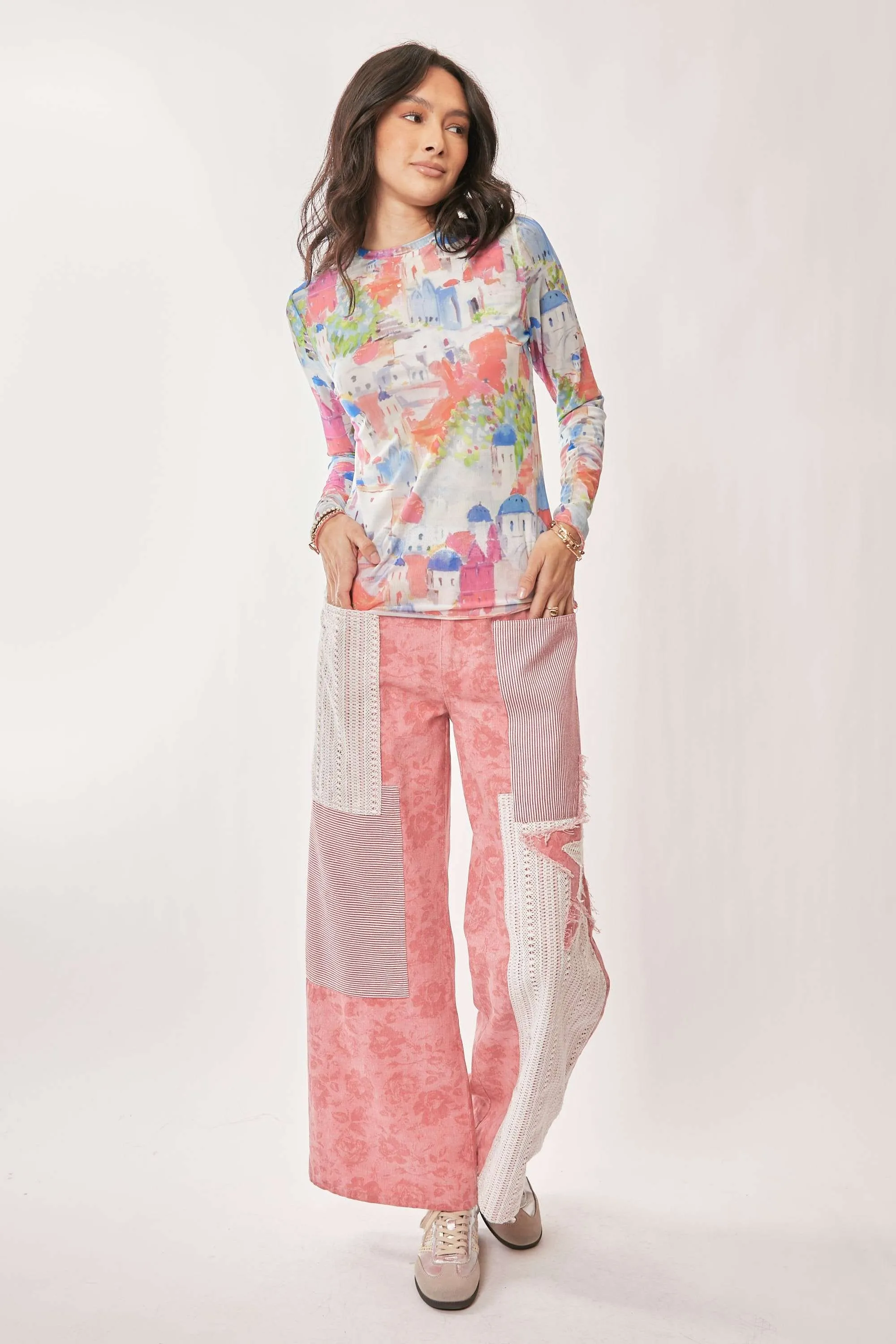 Davi & Dani Multi Printed Mesh Round Neck Long Sleeve Top - Image 8