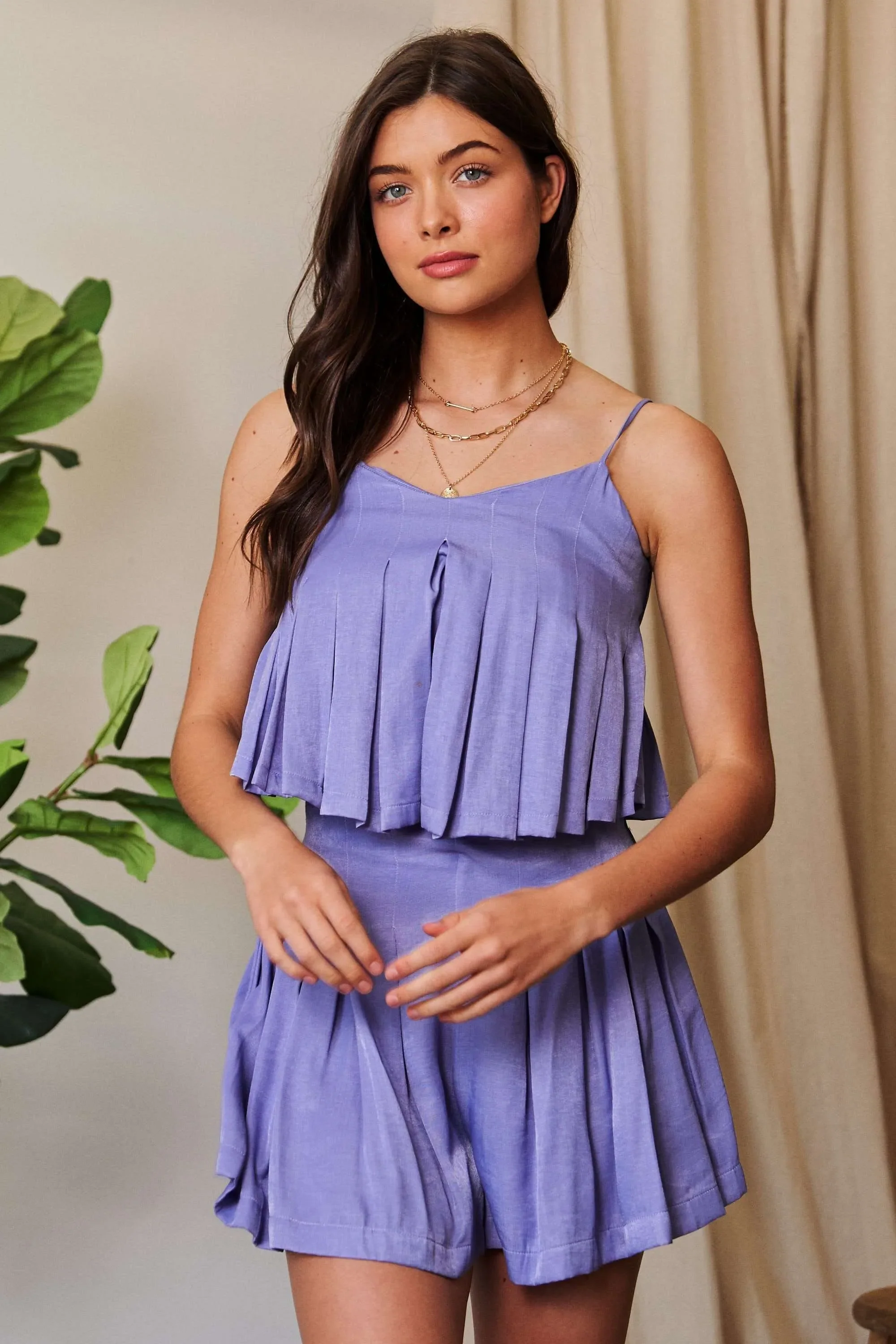 Davi & Dani Pleated Body Elastic Back Babydoll Strappy Top - Image 3