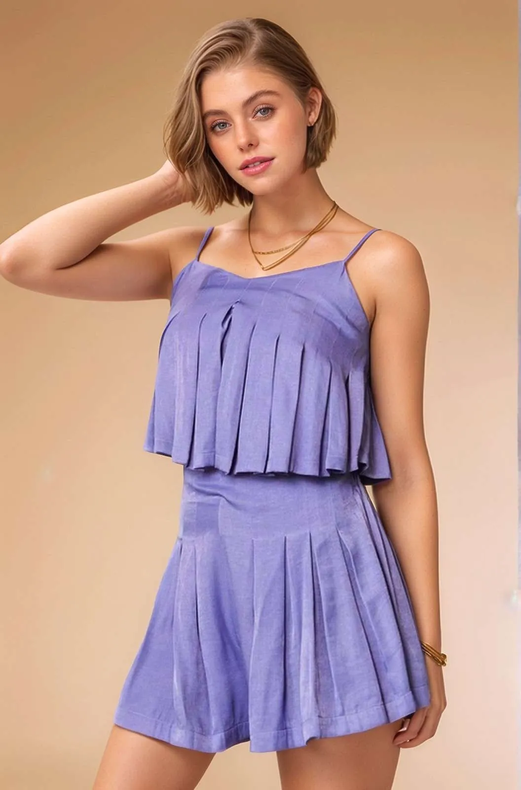 Davi & Dani Pleated Body Elastic Back Babydoll Strappy Top - Image 5