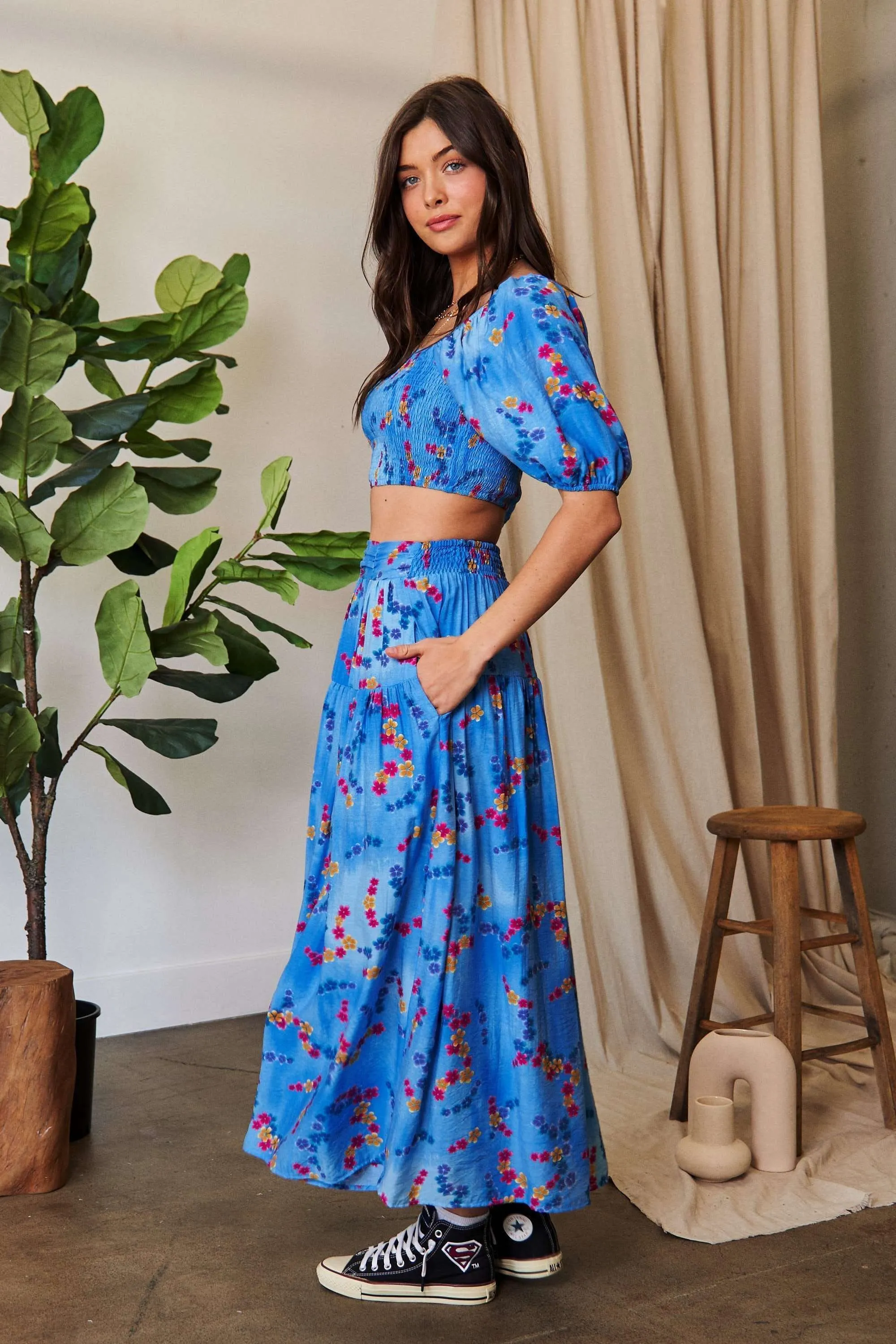 Davi & Dani Printed Smocking Waistband Ruffled Maxi Skirt - Image 8