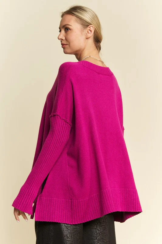 Davi & Dani Ribbed Side Slit V-Neck Sweater - Image 2