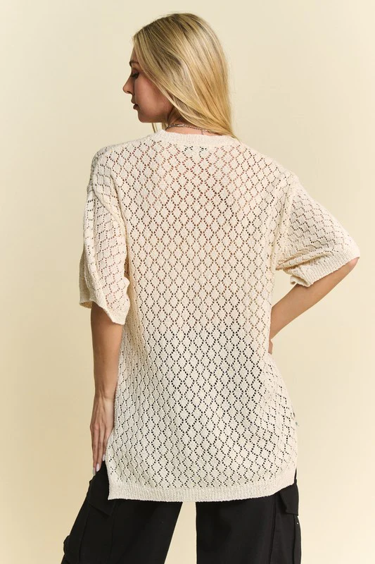 Davi & Dani Side Slit Openwork Round Neck Half Sleeve Knit Cover Up - Image 2