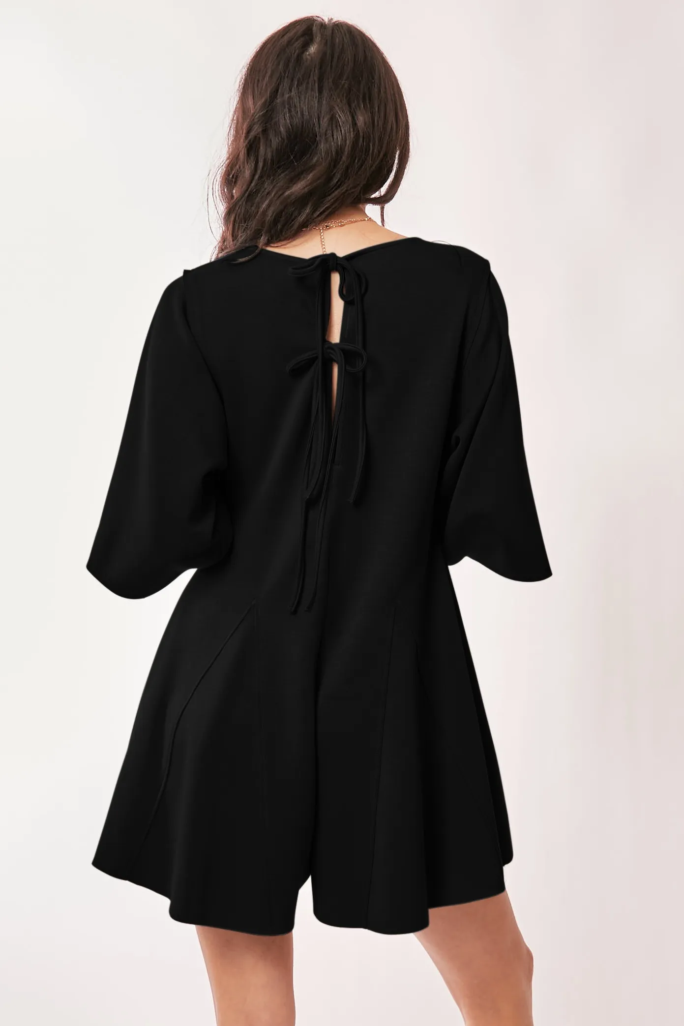 Davi & Dani Solid Draped Sleeve Ties Back Skort Romper - Image 4
