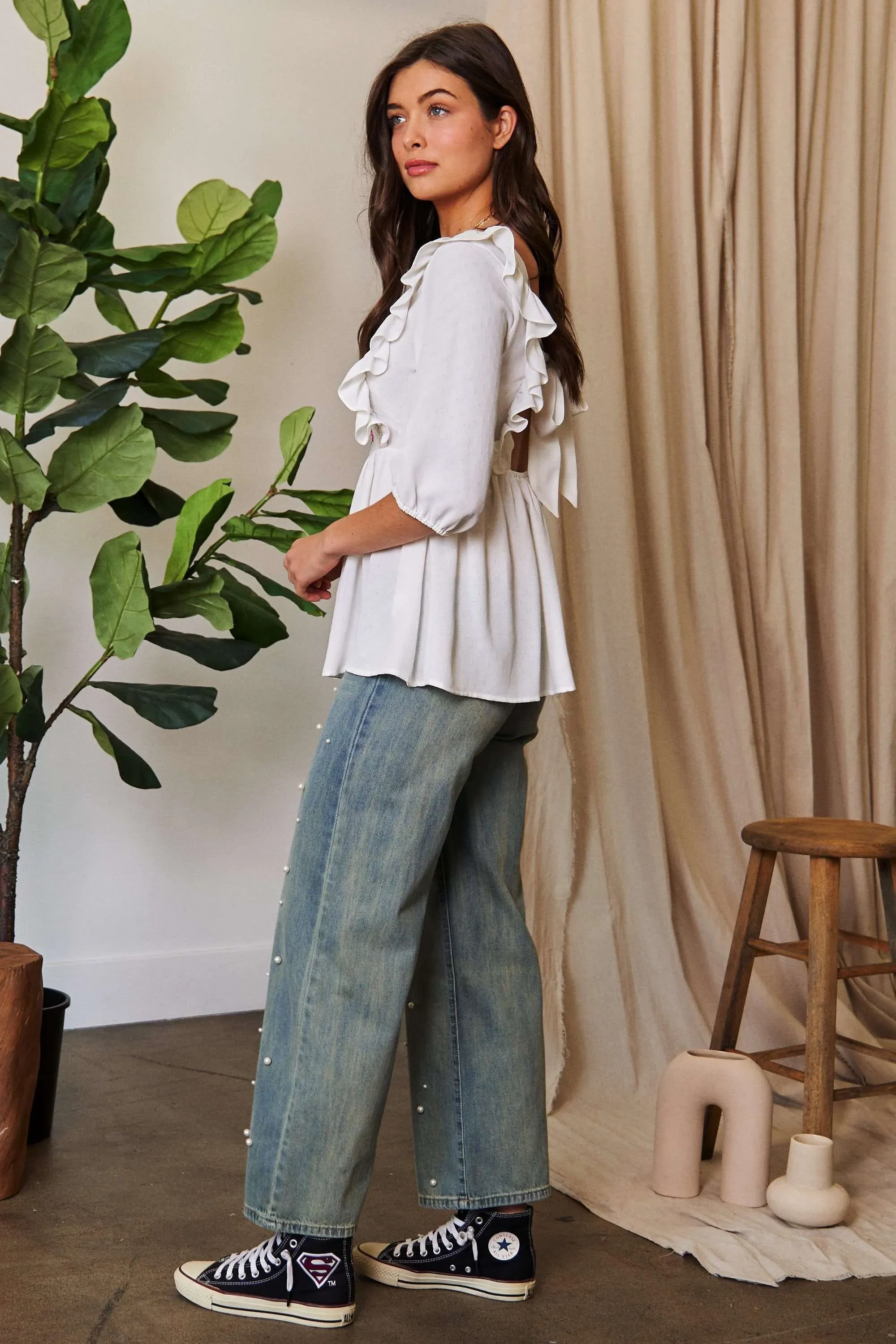 Davi & Dani Texture Tie Back Floral Embroidery Frill Blouse - Image 10