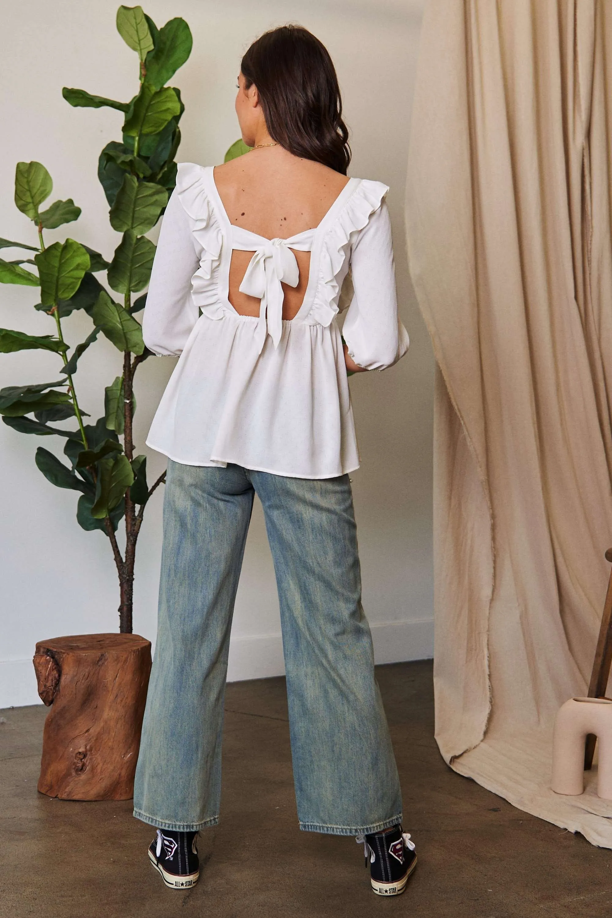 Davi & Dani Texture Tie Back Floral Embroidery Frill Blouse - Image 12