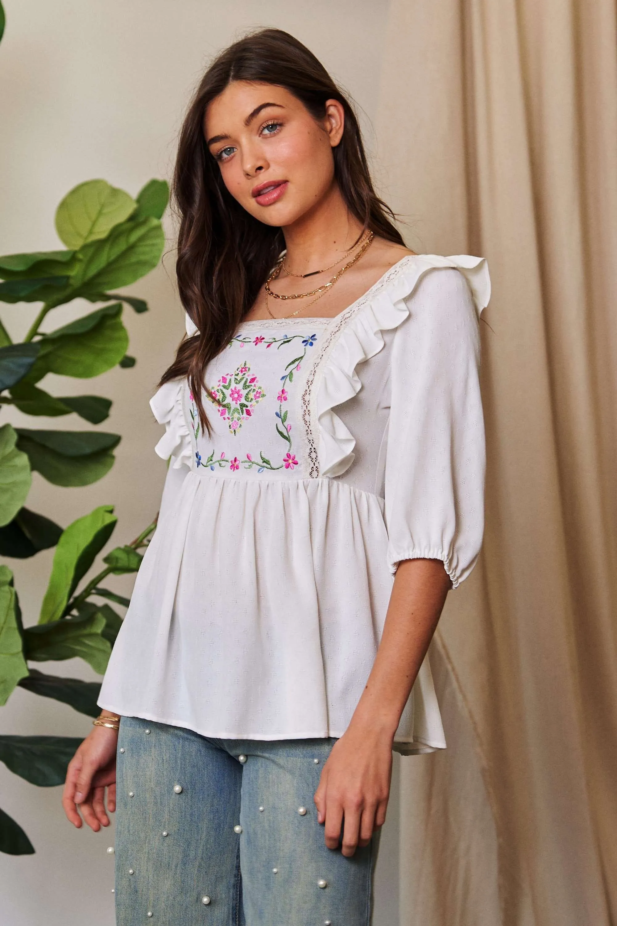 Davi & Dani Texture Tie Back Floral Embroidery Frill Blouse - Image 2