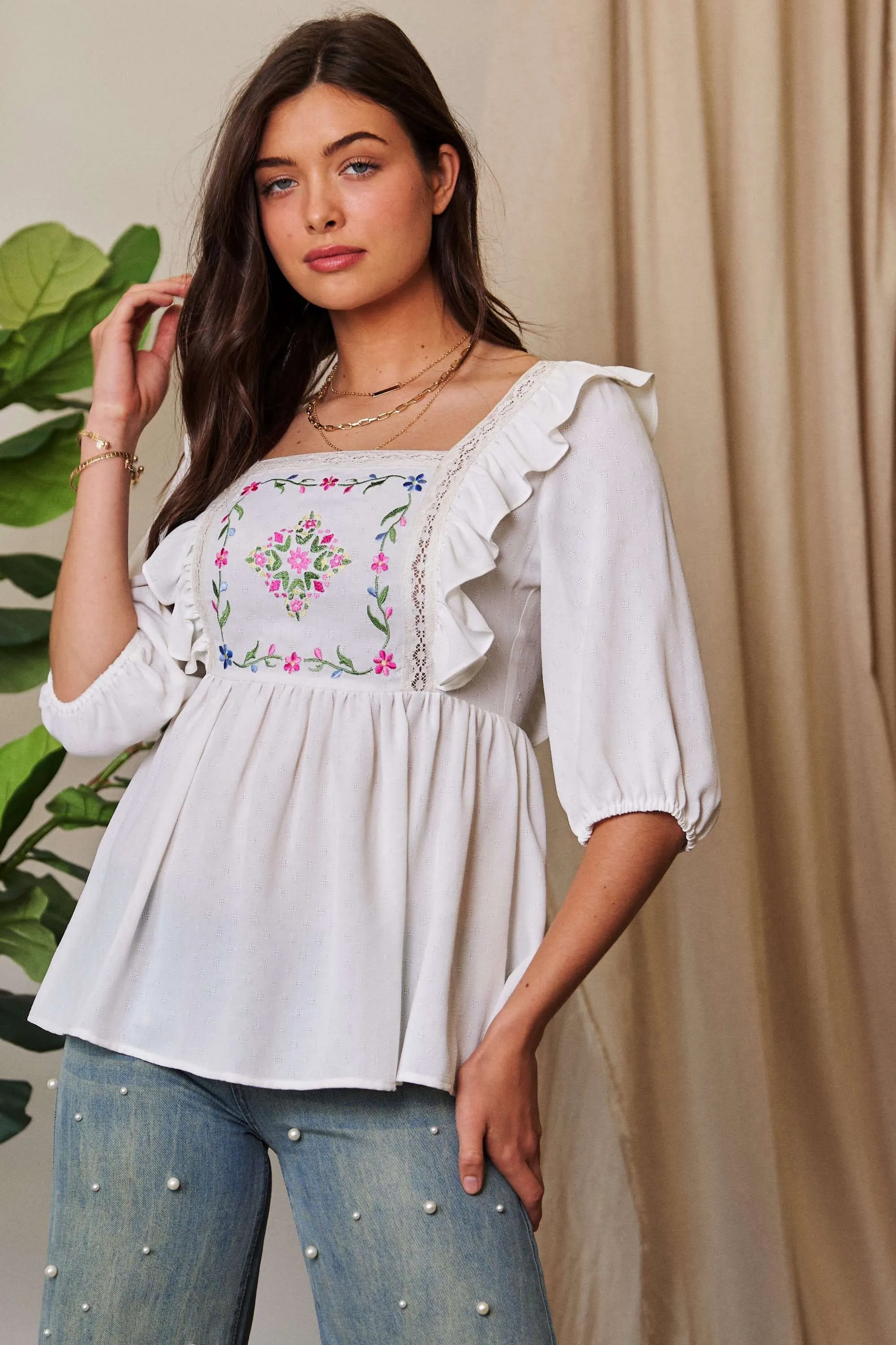 Davi & Dani Texture Tie Back Floral Embroidery Frill Blouse - Image 3