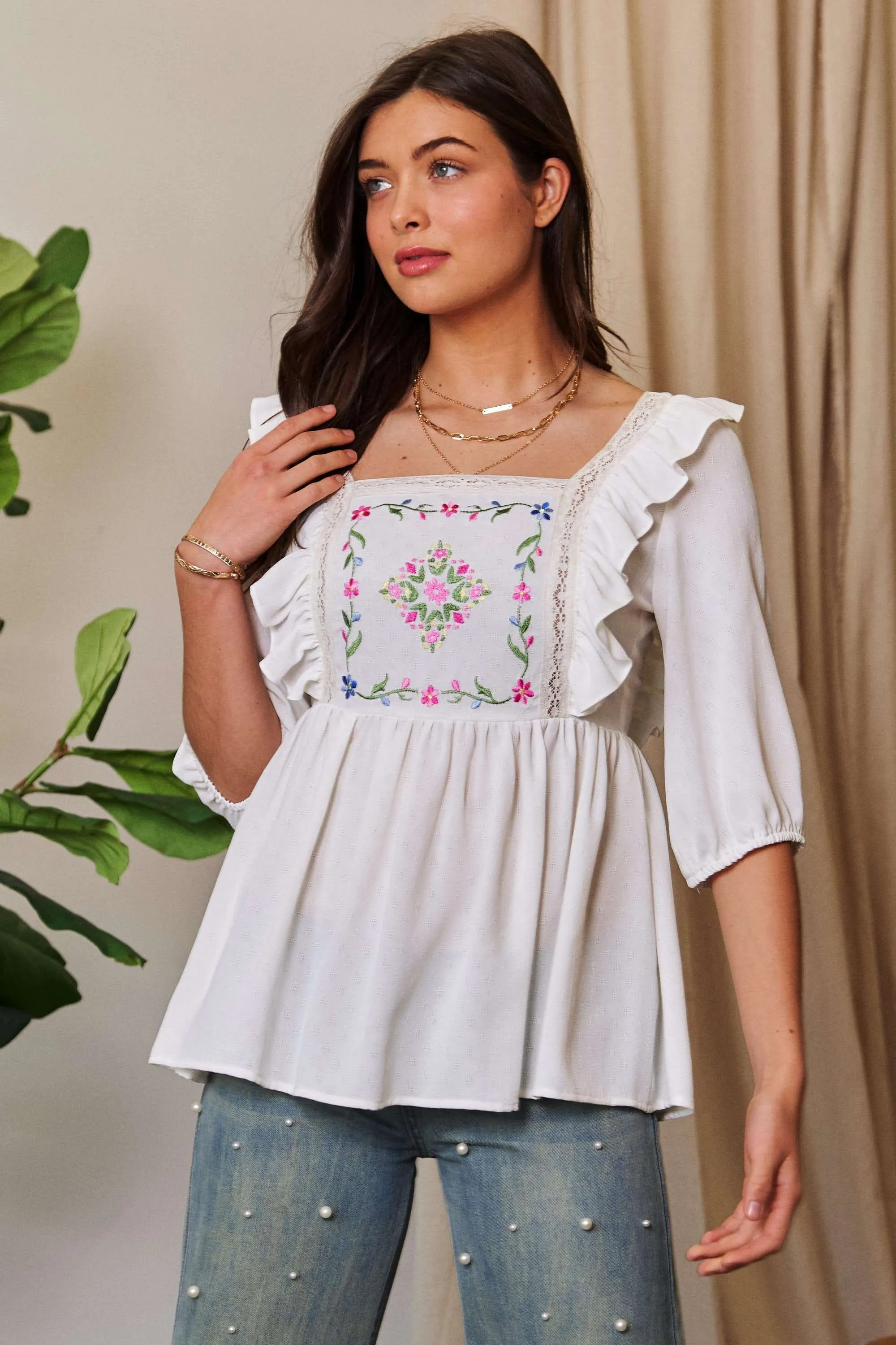 Davi & Dani Texture Tie Back Floral Embroidery Frill Blouse - Image 4