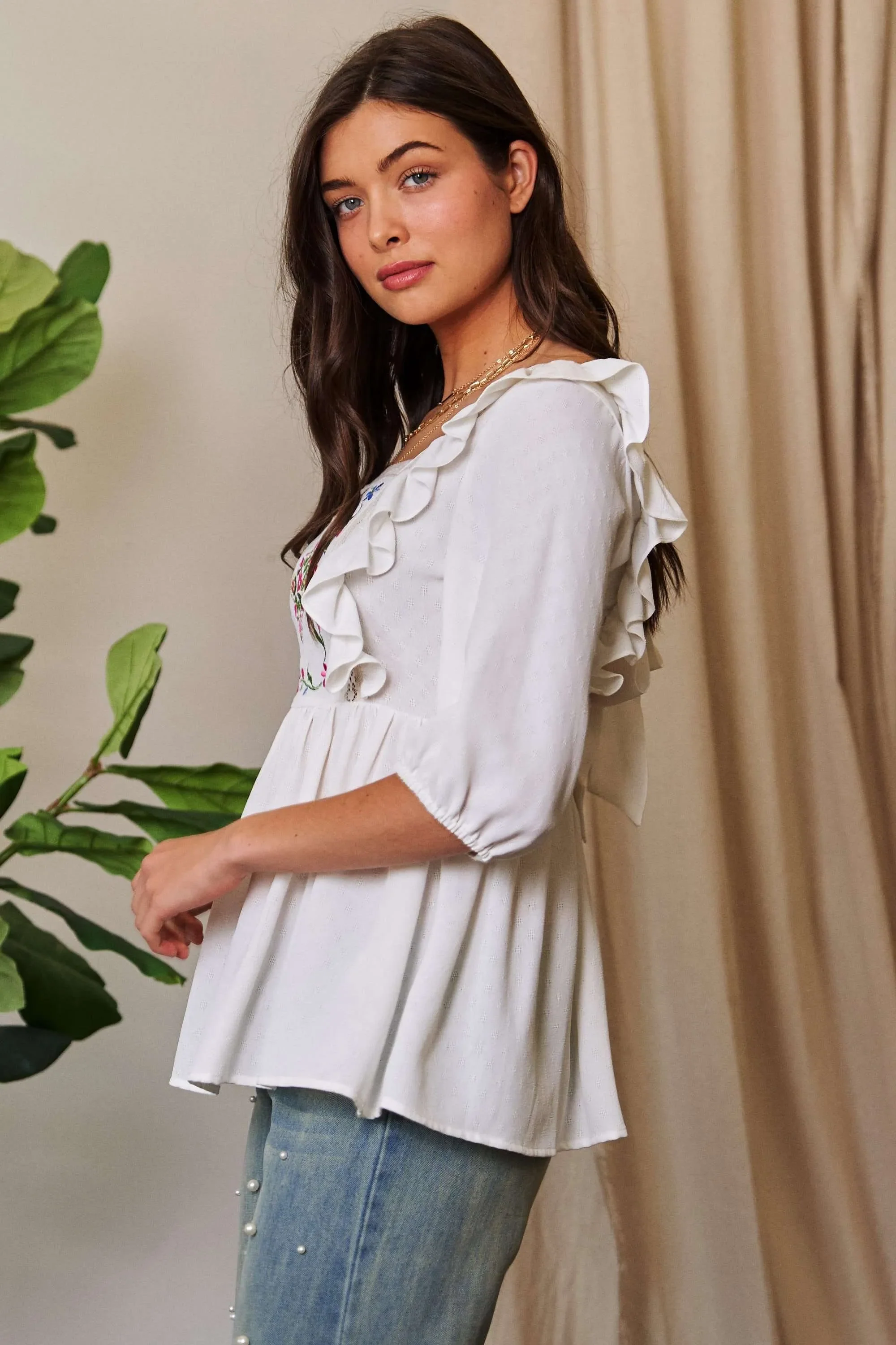 Davi & Dani Texture Tie Back Floral Embroidery Frill Blouse - Image 5