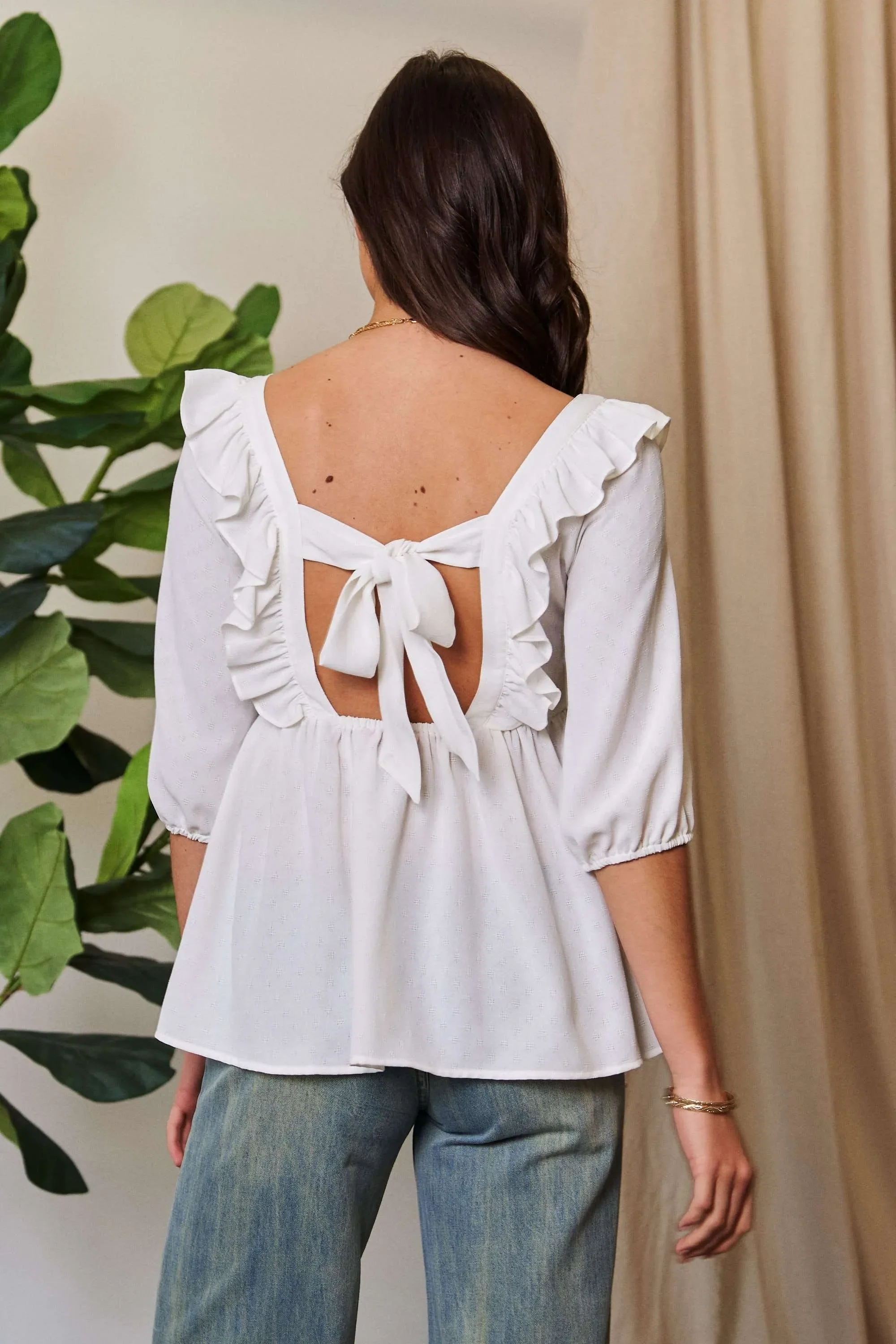 Davi & Dani Texture Tie Back Floral Embroidery Frill Blouse - Image 6