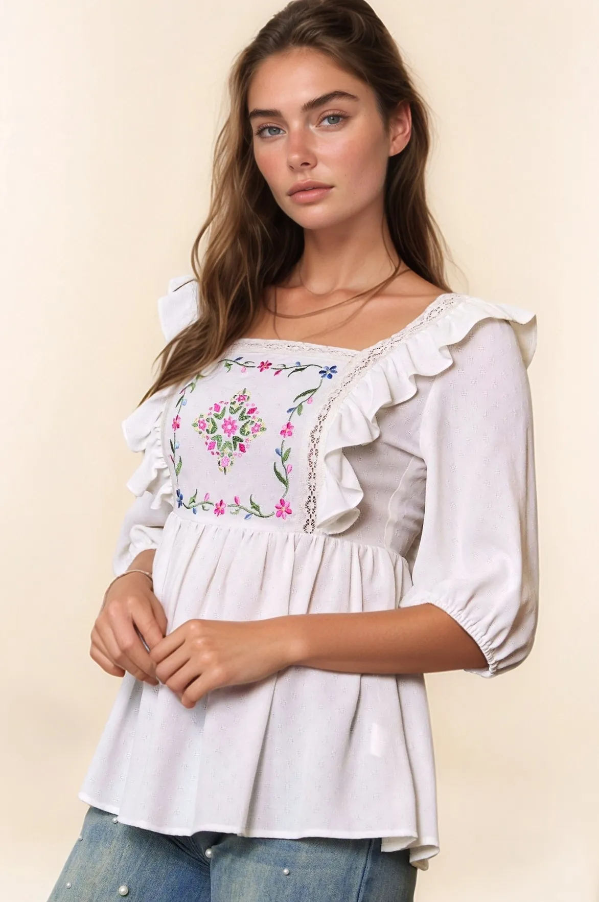 Davi & Dani Texture Tie Back Floral Embroidery Frill Blouse - Image 7