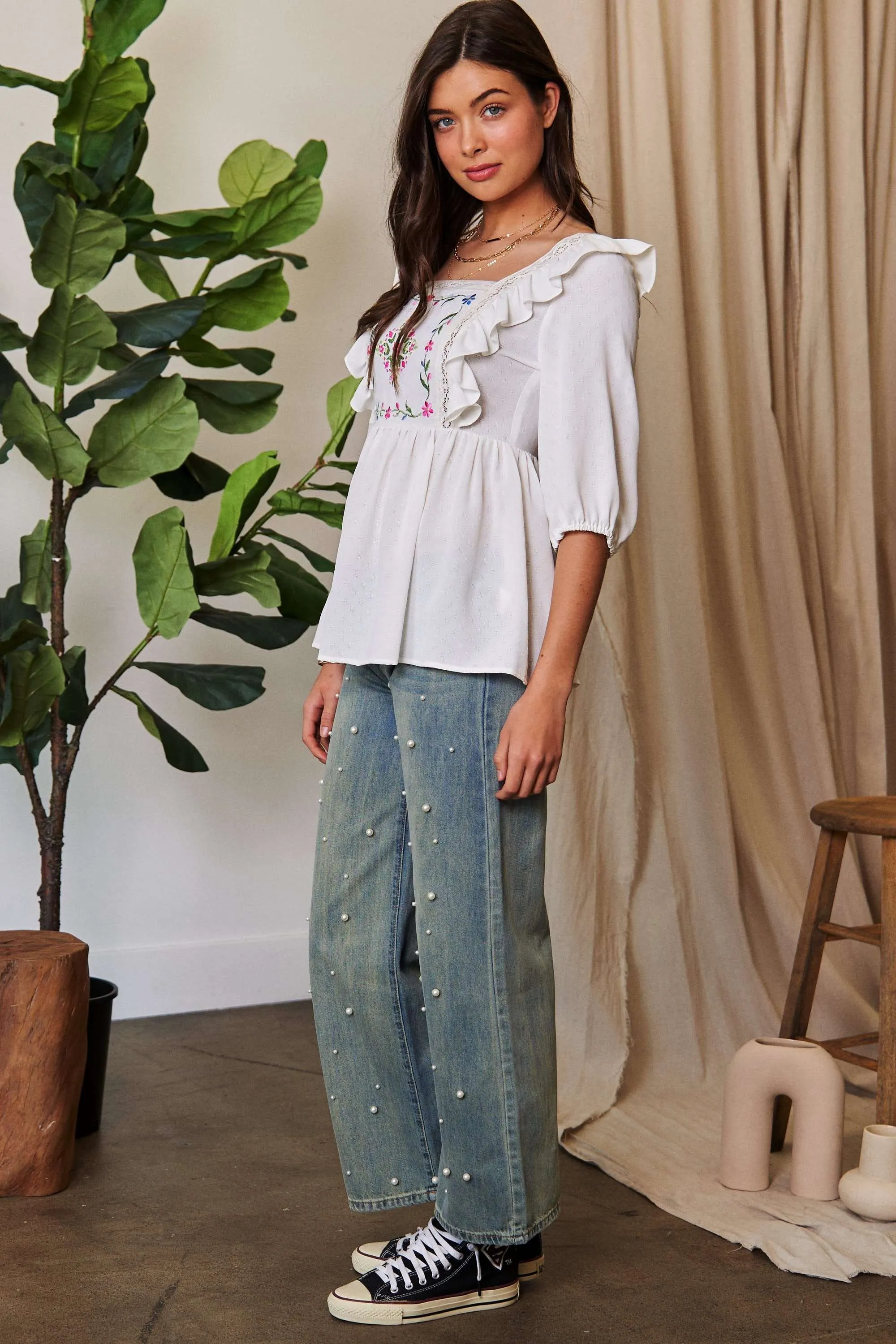 Davi & Dani Texture Tie Back Floral Embroidery Frill Blouse - Image 8