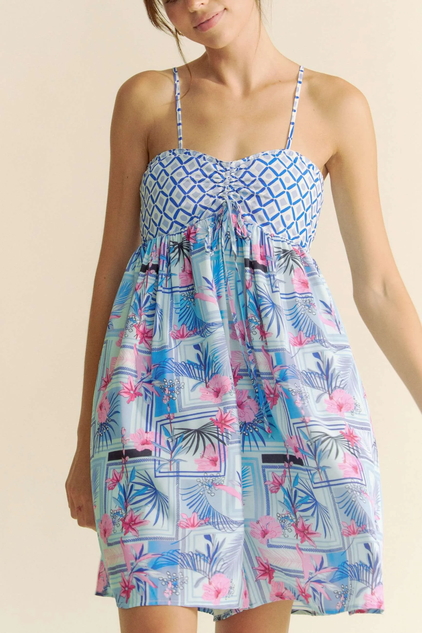Davi & Dani Tropical Floral Geo Print Tie Back Tube Top Romper - Image 3