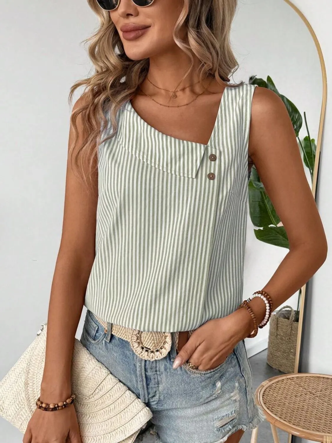 Decorative Button Asymmetrical Striped Tank - Image 12