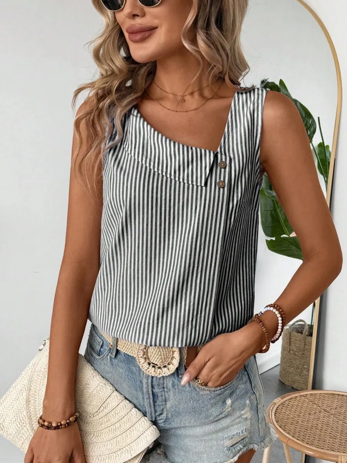 Decorative Button Asymmetrical Striped Tank - Image 15