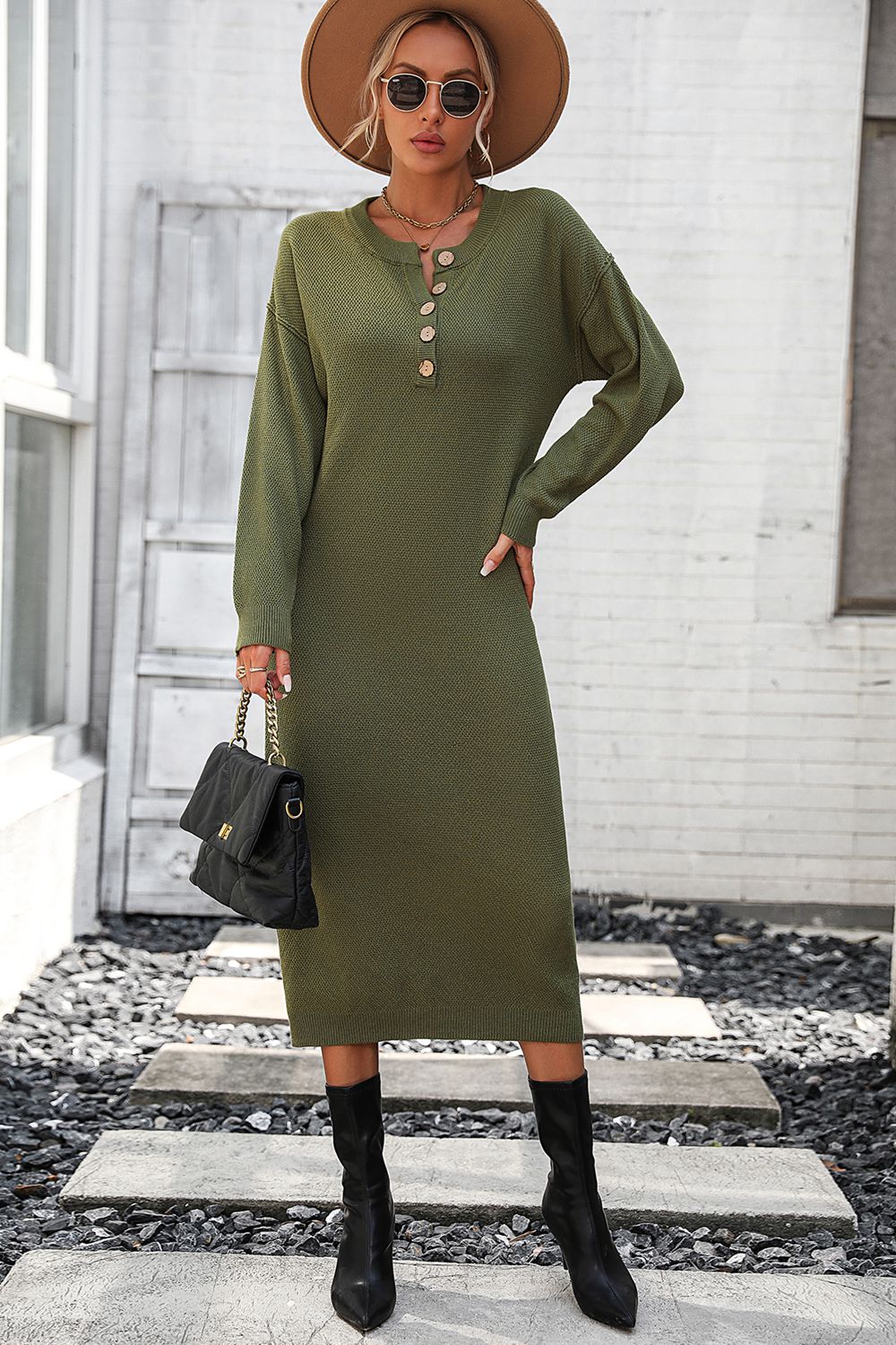 Decorative Button Notched Dropped Shoulder Sweater Dress - Image 22