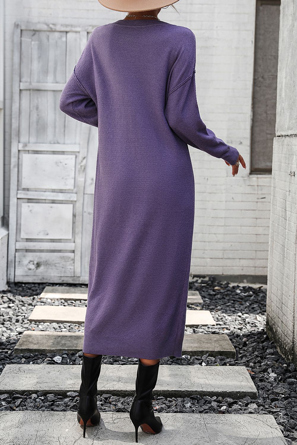 Decorative Button Notched Dropped Shoulder Sweater Dress - Image 25