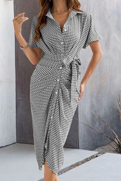 Devine Collared Neck Short Sleeve Midi Shirt Dress - Image 7