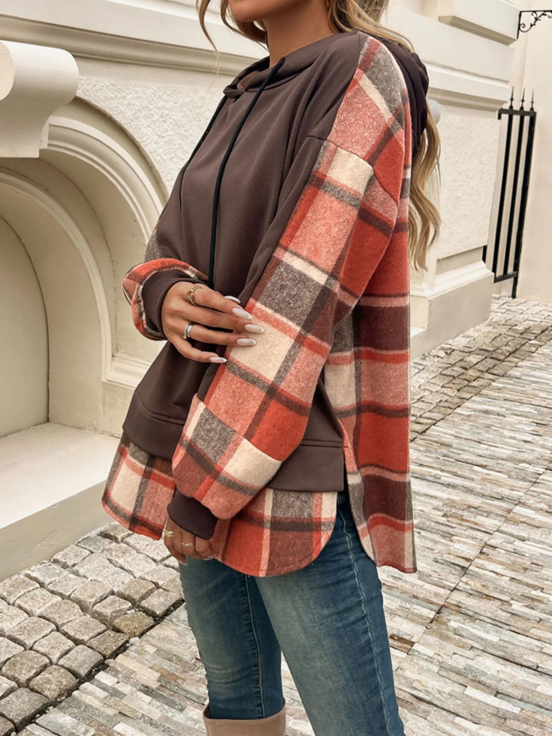 Devine Drawstring Plaid Long Sleeve Hoodie - Image 10