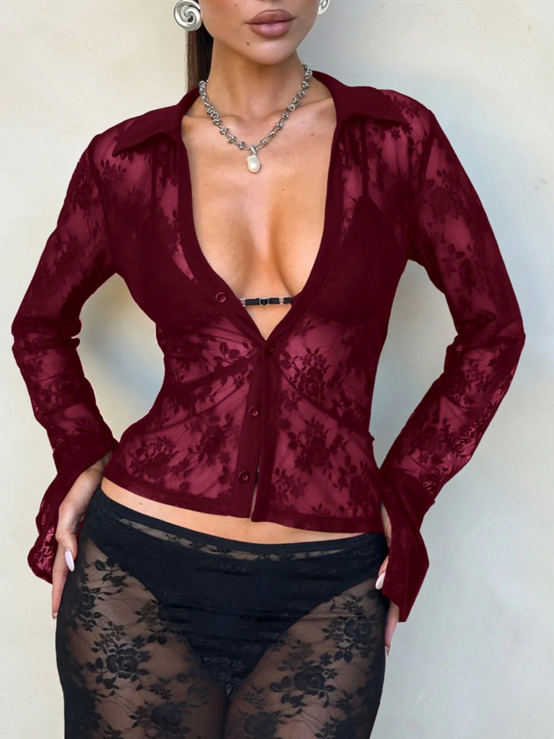 Devine Plunge Long Sleeve Lace Top - Image 5