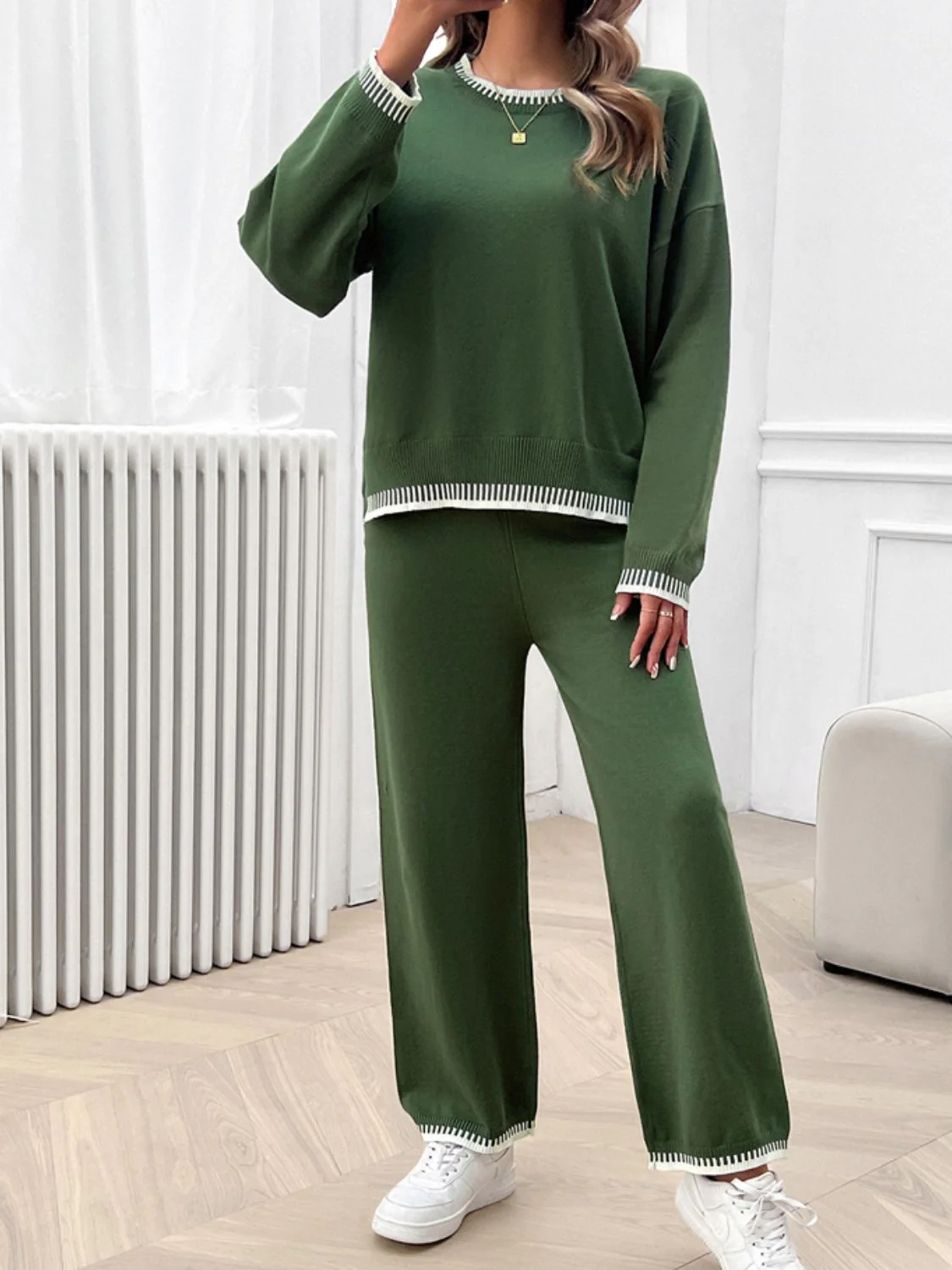 Devine Round Neck Dropped Shoulder Top and Pants Sweater Set - Image 15