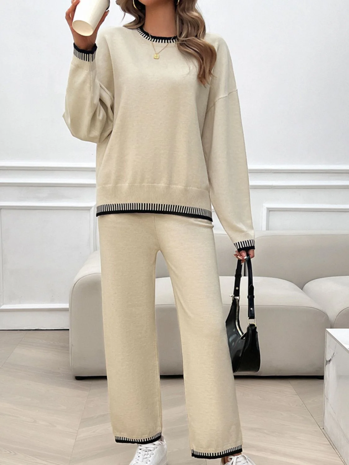 Devine Round Neck Dropped Shoulder Top and Pants Sweater Set - Image 6