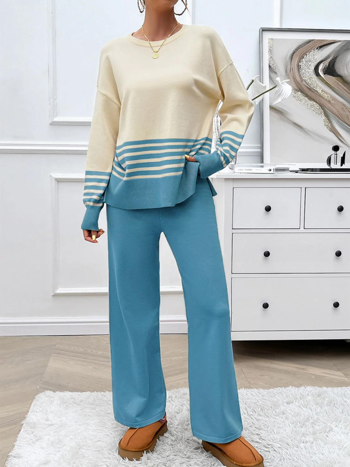 Devine Slit Striped Round Neck Top and Pants Sweater Set - Image 17