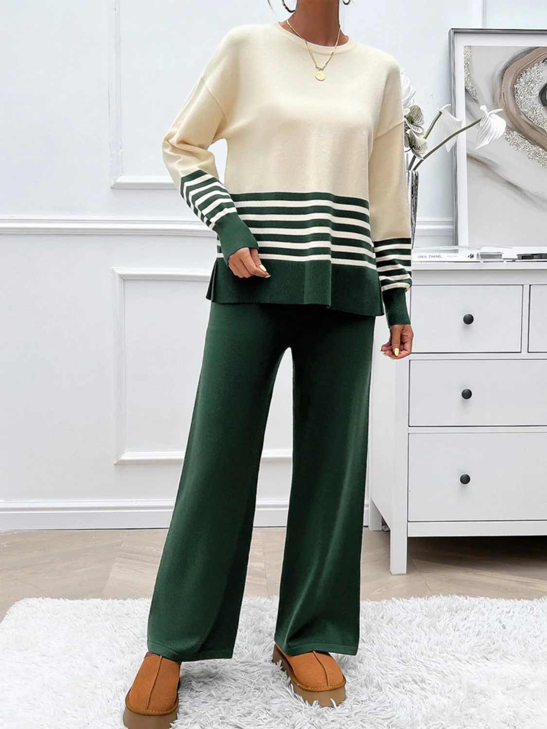 Devine Slit Striped Round Neck Top and Pants Sweater Set - Image 4