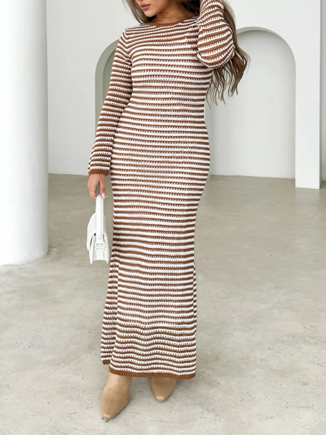 Devine Tied Round Neck Striped Sweater Dress - Image 6